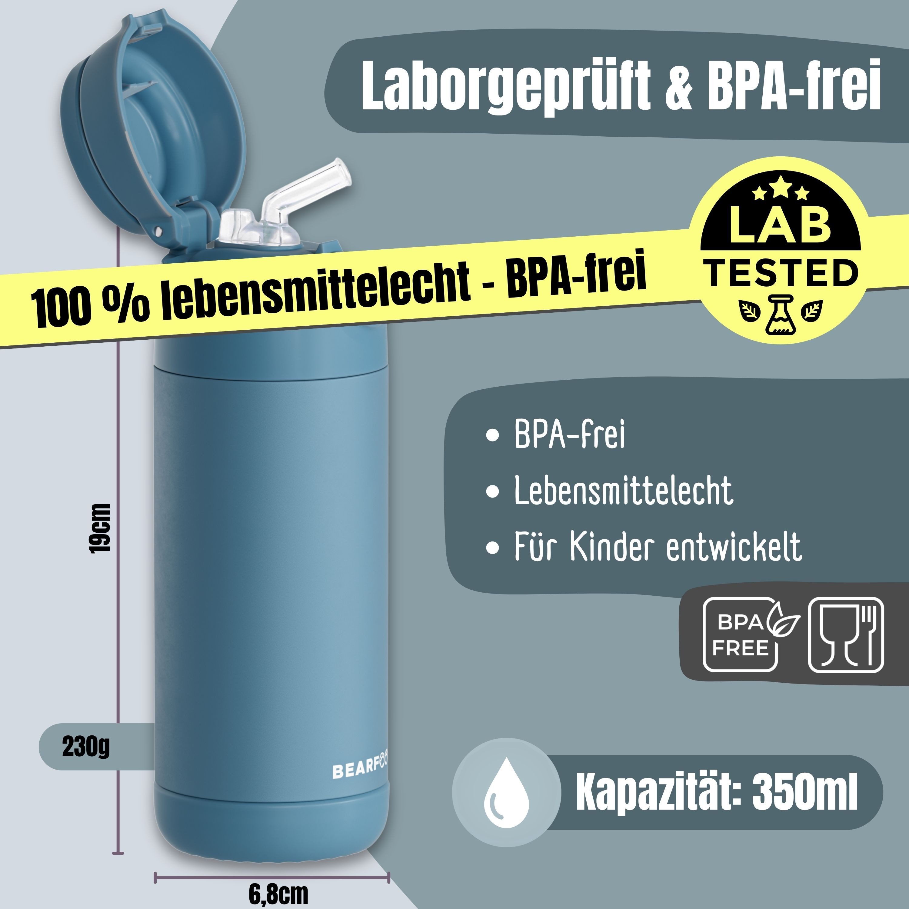 BEARFOOT Trinkflasche Thermo Kinder Trinkflasche Edelstahl - blau, Thermosflasche, auslaufsicher, Edelstahl, Kinderflasche, BPA-frei – Bild 4 von 5
