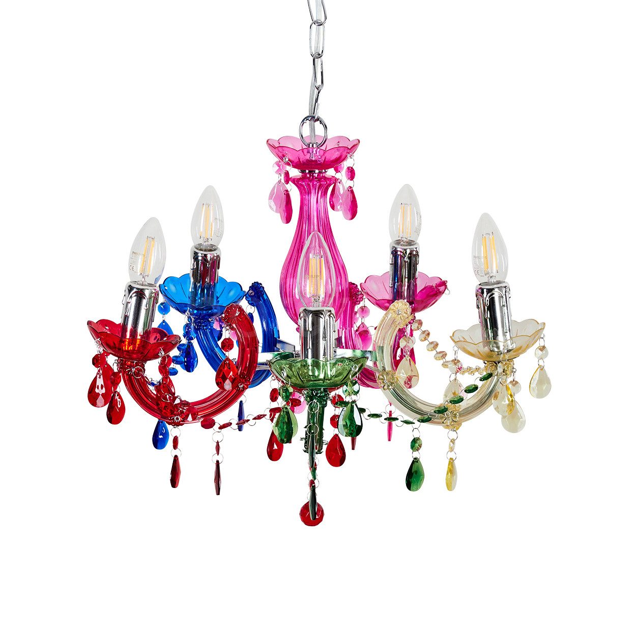 hofstein Kronleuchter »Compione« Hängeleuchte in Chromfarben/Bunt mit Dekokristallen, ohne Leuchtmittel
