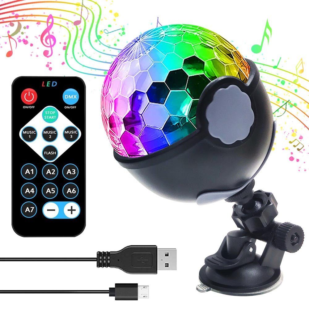 LED Bunt, aktiviert, Sound Fernbedienung Multicolor, Discolicht Saugnapfhalterung Disco-Kugel, mit 360° mit drehbare, Rosnek Weihnachten Geburtstag Partys, USB-Stecker, und