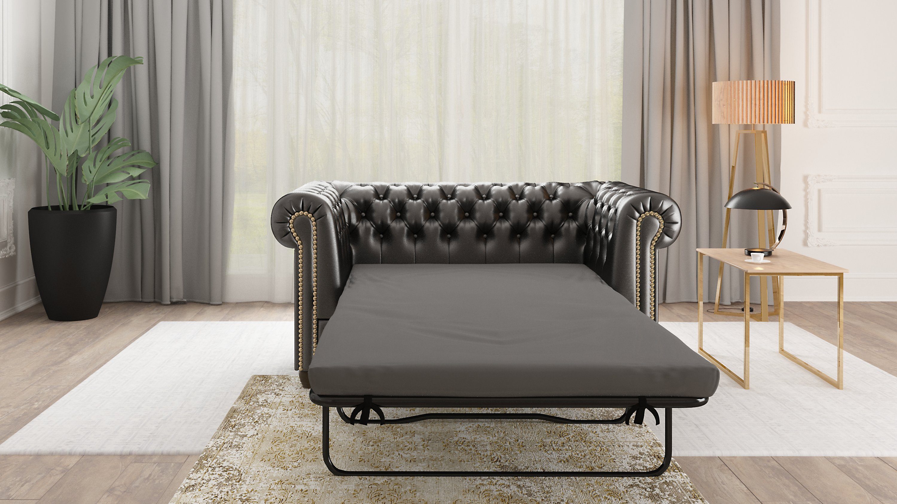 S-Style Möbel Polstergarnitur mit 3+2+1, Schwarz Chesterfield Schlaffunktion, Sessel), 2-Sitzer-Sofa mit Jeff Wellenfederung Schlaffunktion Schlaffunktion, (3-Sitzer-Sofa mit mit