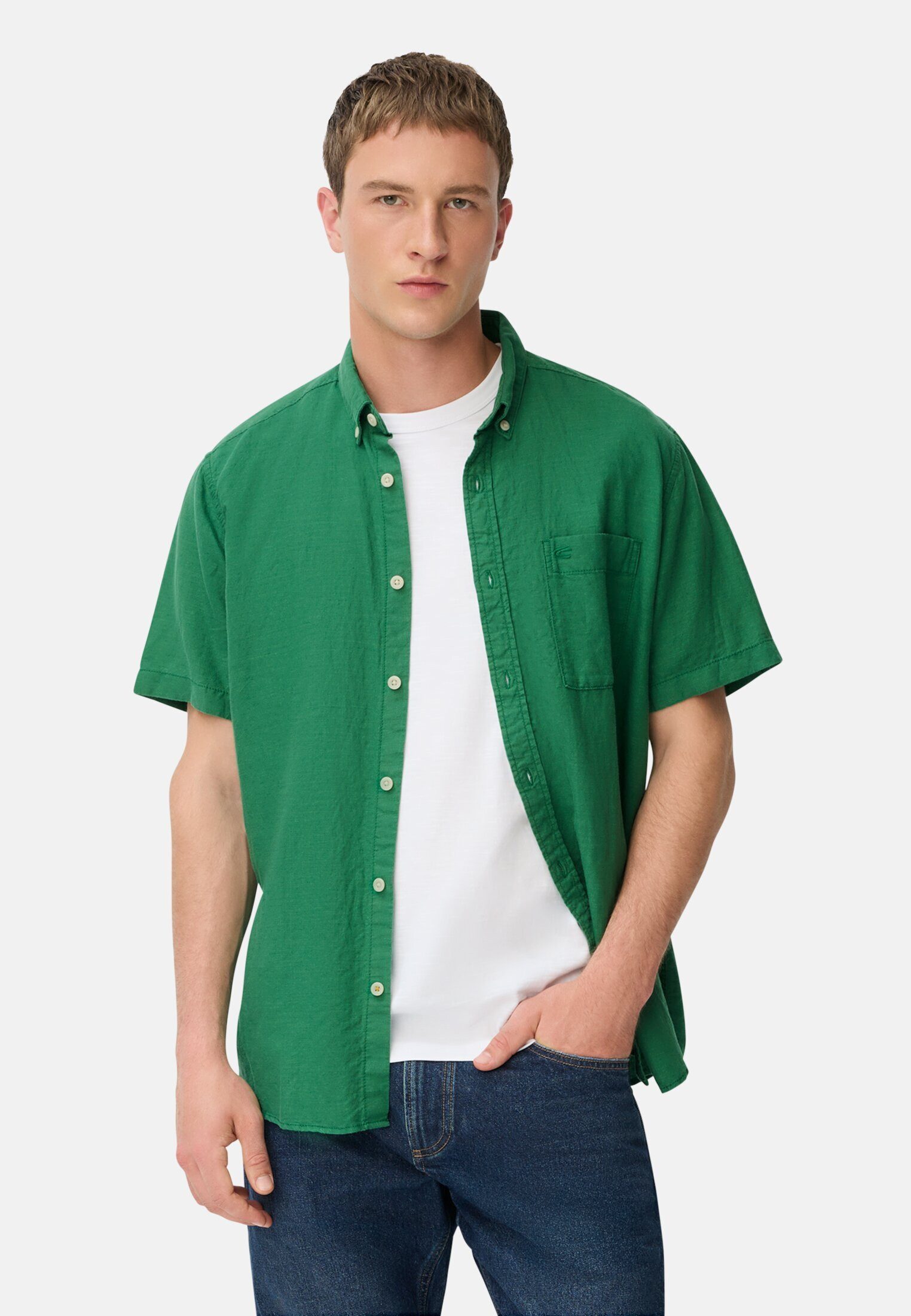 camel active Kurzarmhemd aus Leinen-Baumwoll-Mix Kurzarm Button-Down Button günstig online kaufen