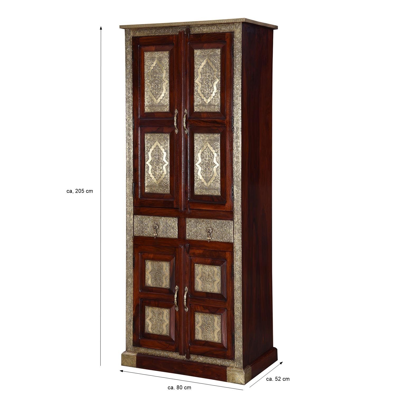 Casa Moro Kleiderschrank Orientalischer Kleiderschrank Arian 80x52x205 cm (1-St., marokkanischer-Stil mit 2 Schubladen & 4 Türen, MA26-310) aus Massivholz mit Messing verziert, schmaler Drehtürenschrank