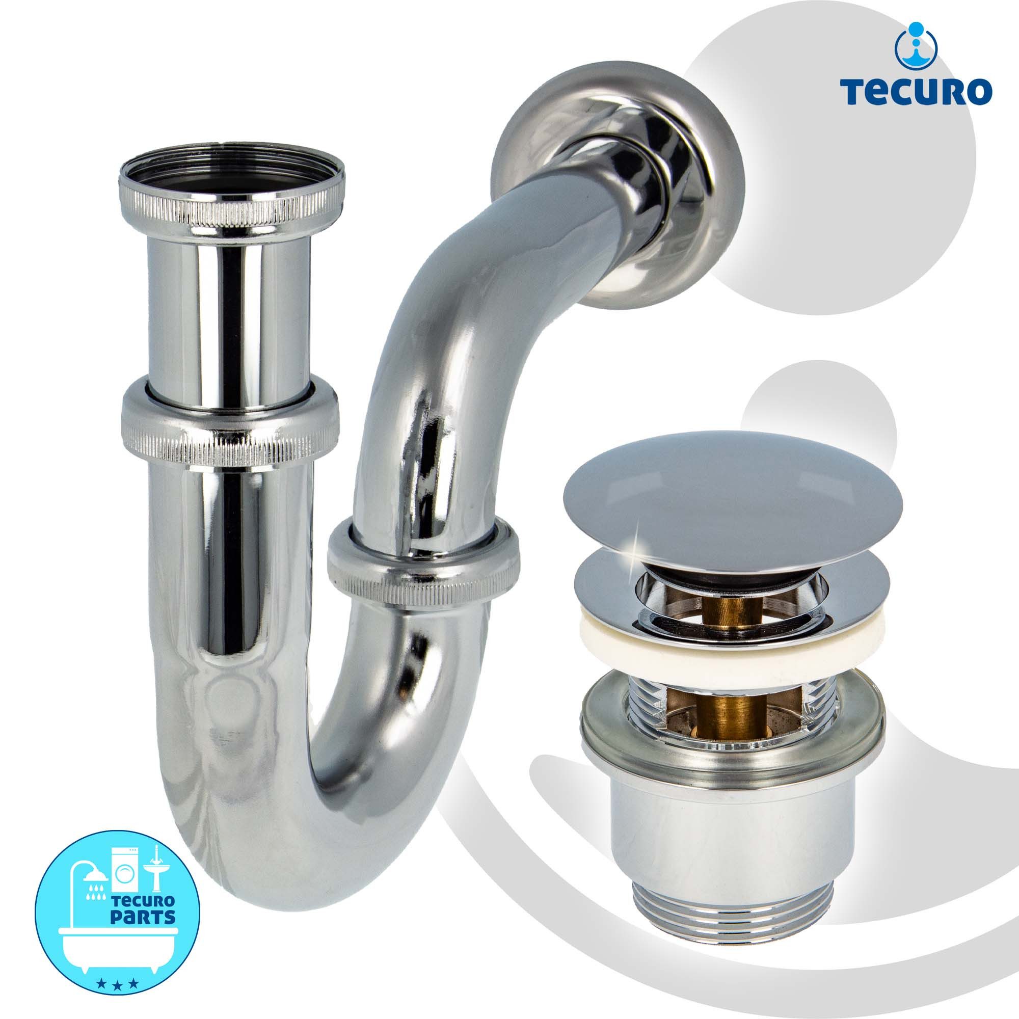 tecuro Siphon Siphon mit Pop Up Ablaufventil verchromt - Set für Waschtisch, (Ablaufventil und Röhrensiphon)