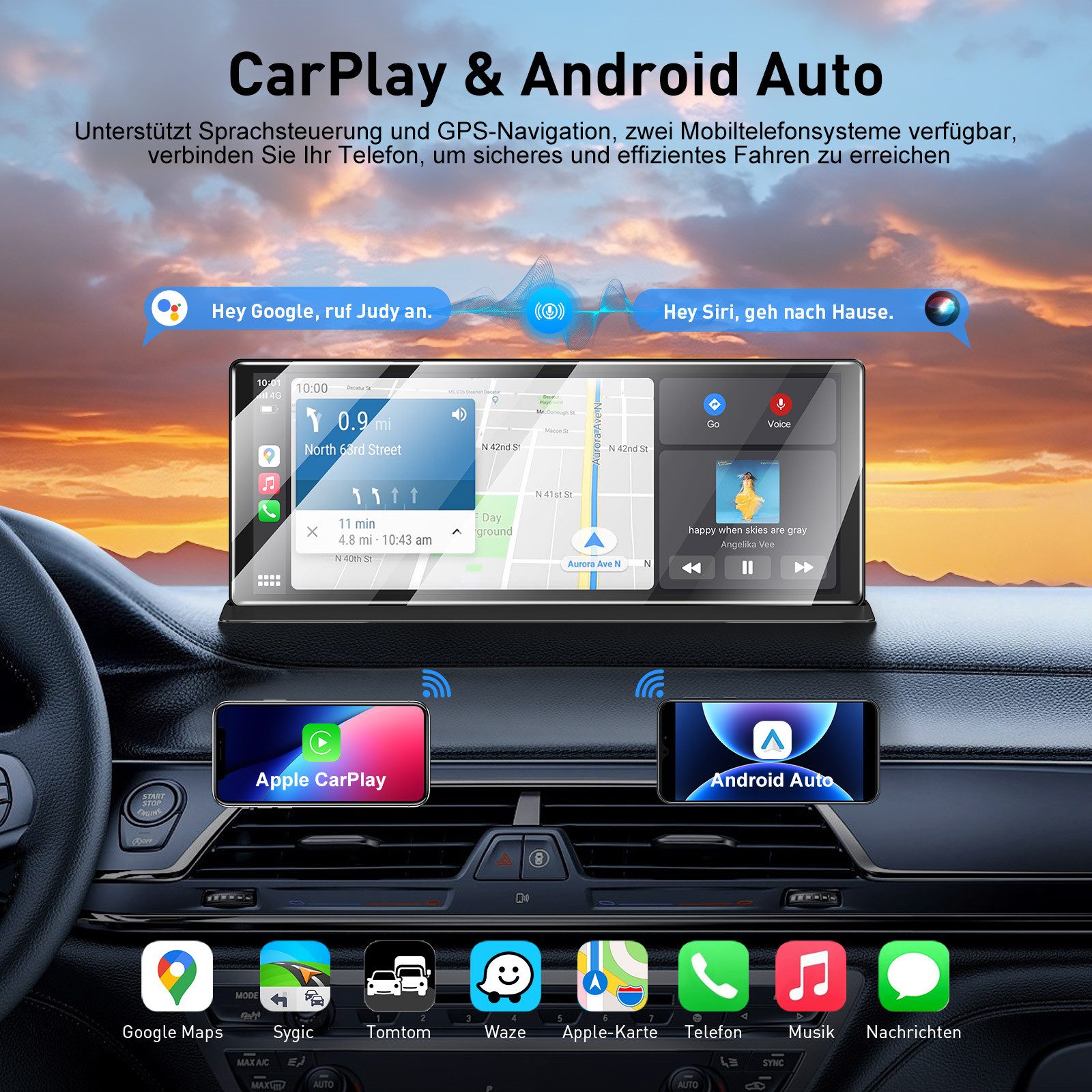ESSGOO 11,3" Tragbares 4K Android Auto Touchscreen kabellos BT CarPlay Navigationsgerät (Mit Bluetooth Freisprecheinrichtung AM FM Fernbedienung DAB+ RDS)