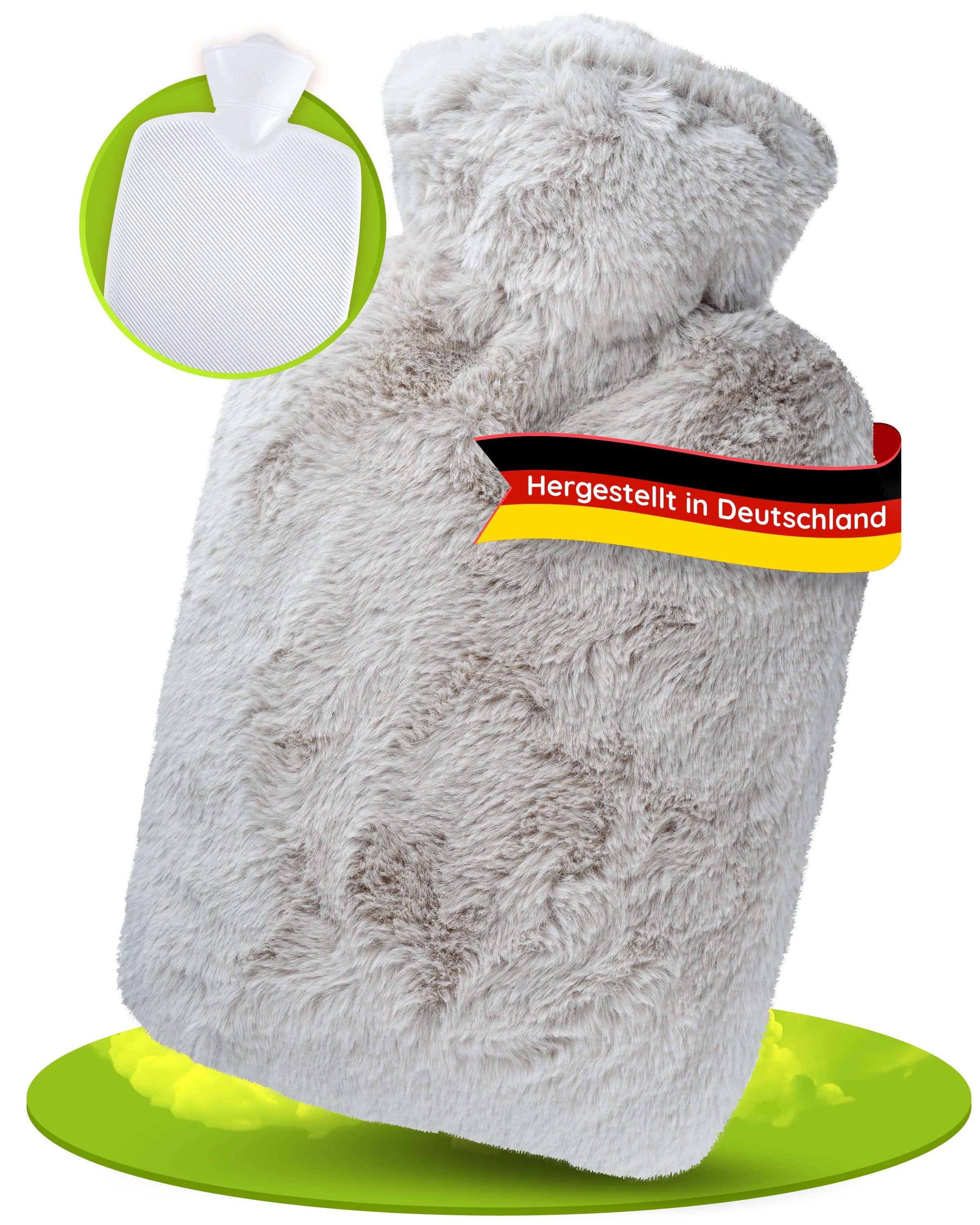 Hugo Frosch Wärmflasche Klassik 1,8 l Made in Germany mit Bezug Langhaar-Flausch, Taupe - langlebige Bettflasche, waschbarer Überzug