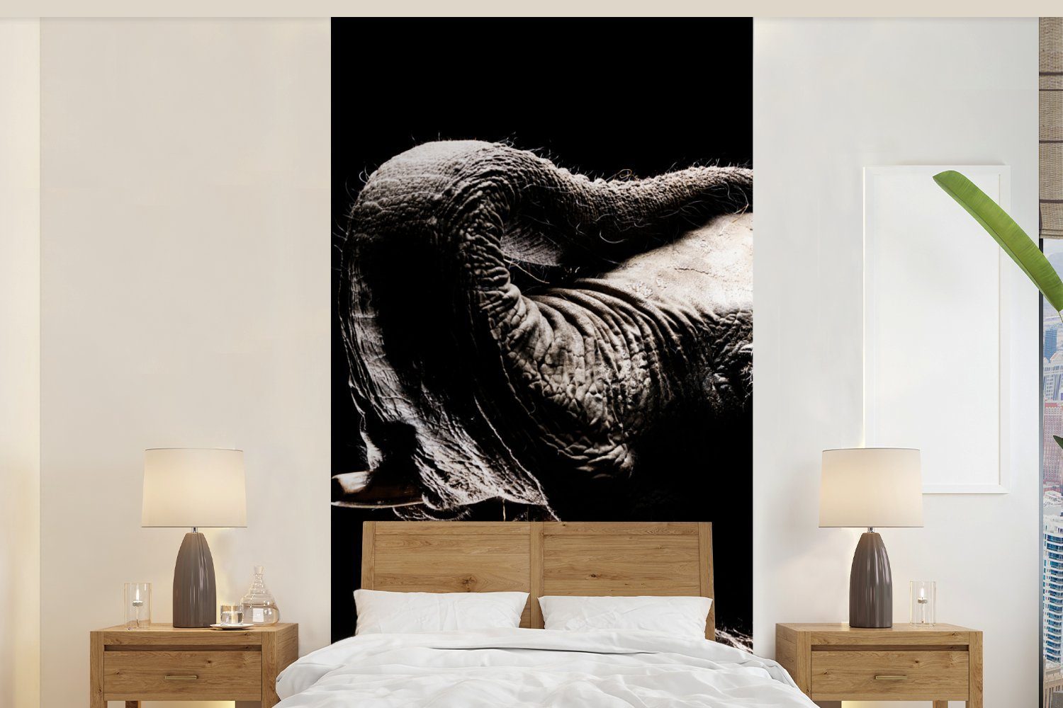 MuchoWow Fototapete Elefant - Schwarz - Tiere - Porträt, Matt, bedruckt, (2 St), Vliestapete für Wohnzimmer Schlafzimmer Küche, Fototapete