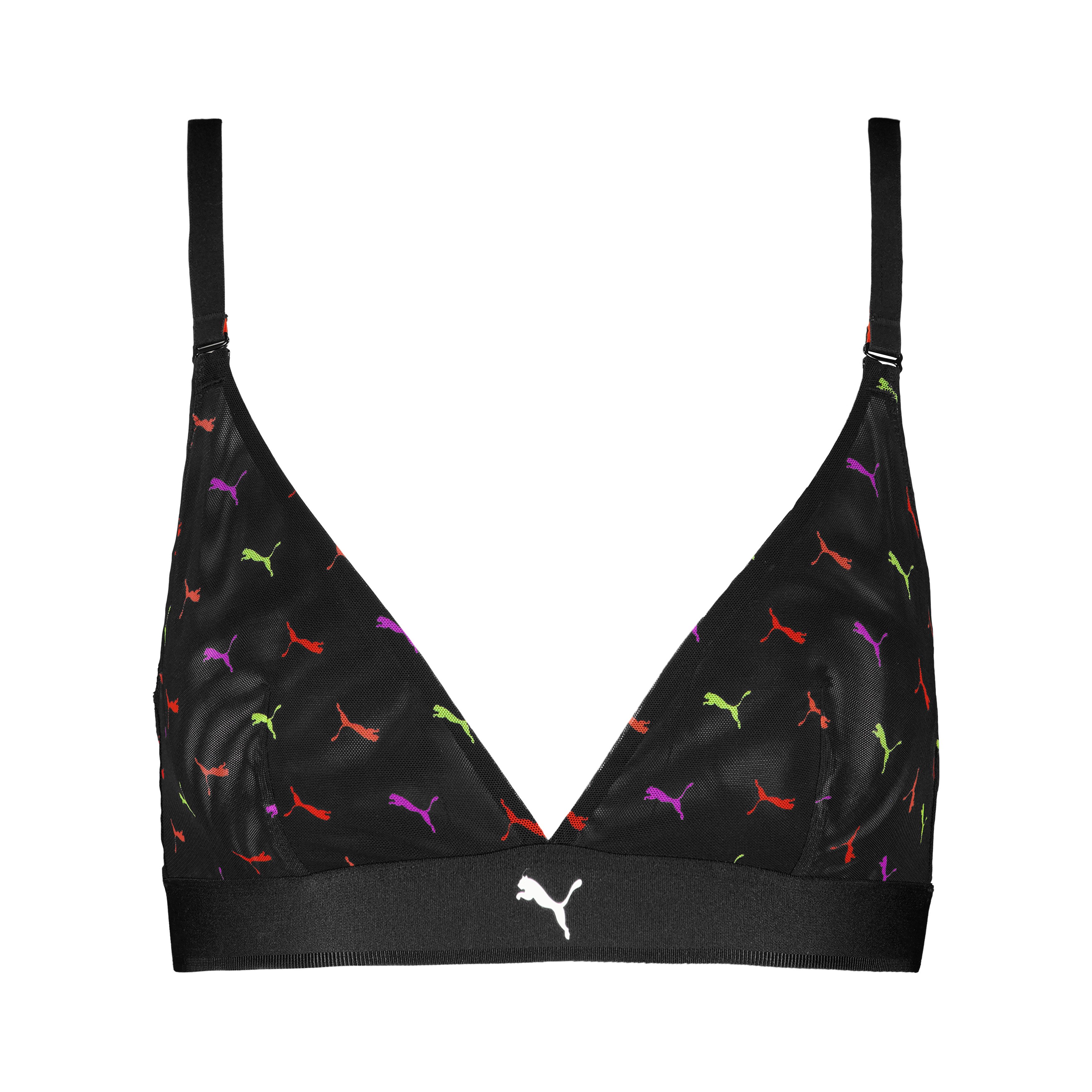 PUMA Bügelloser BH PUMA WOMEN PRINTED MESH TRIANGLE TOP mit buntem allover Logodruck, verstellbare Träger, mit Mesh-Details