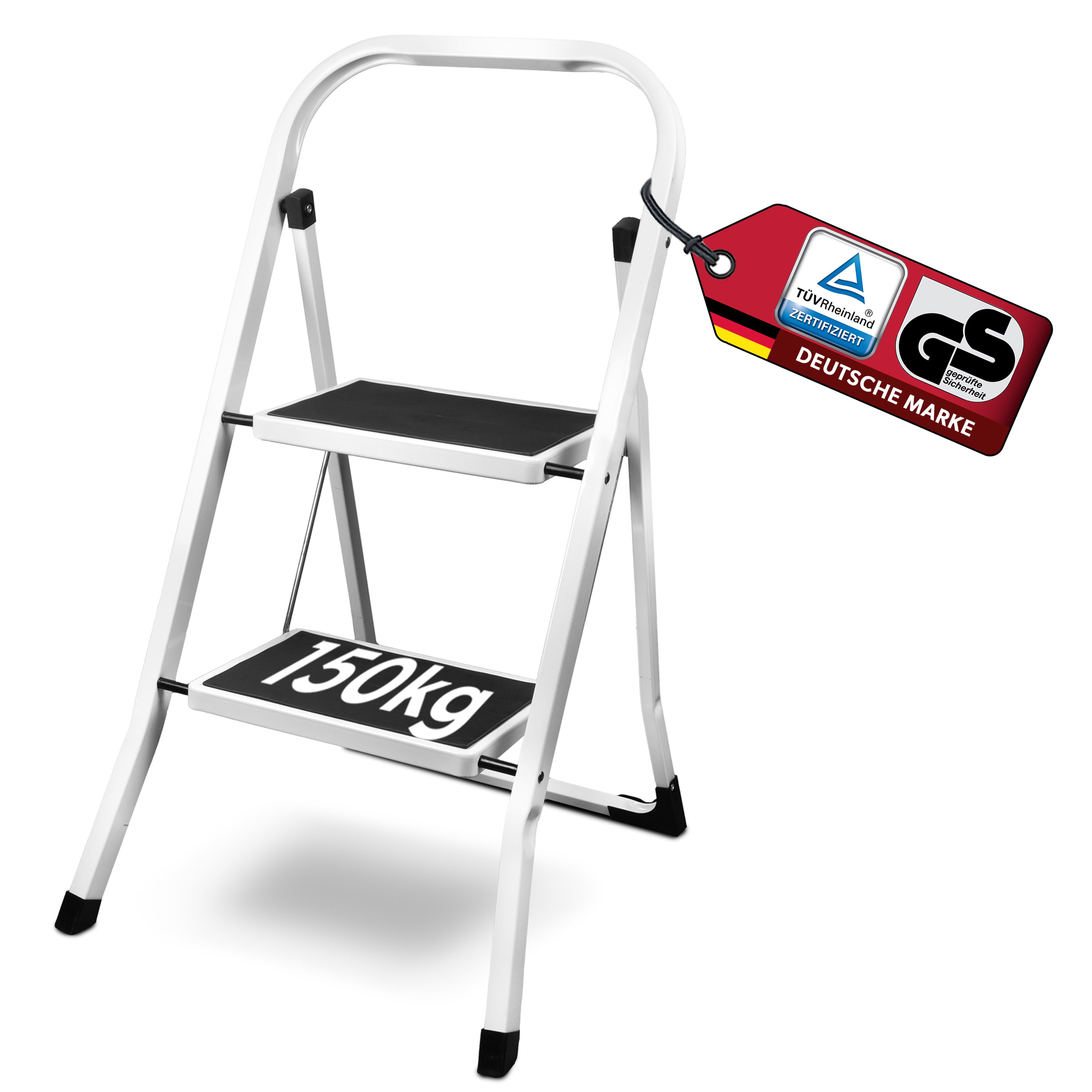 siwitec Trittleiter siwitec Klapptritt aus Stahl - 2-stufig - weiß - GS geprüft (2 Stufen weiß), sehr robust, mit Anti-Rutsch-Matten, platzsparend aufzubewahren
