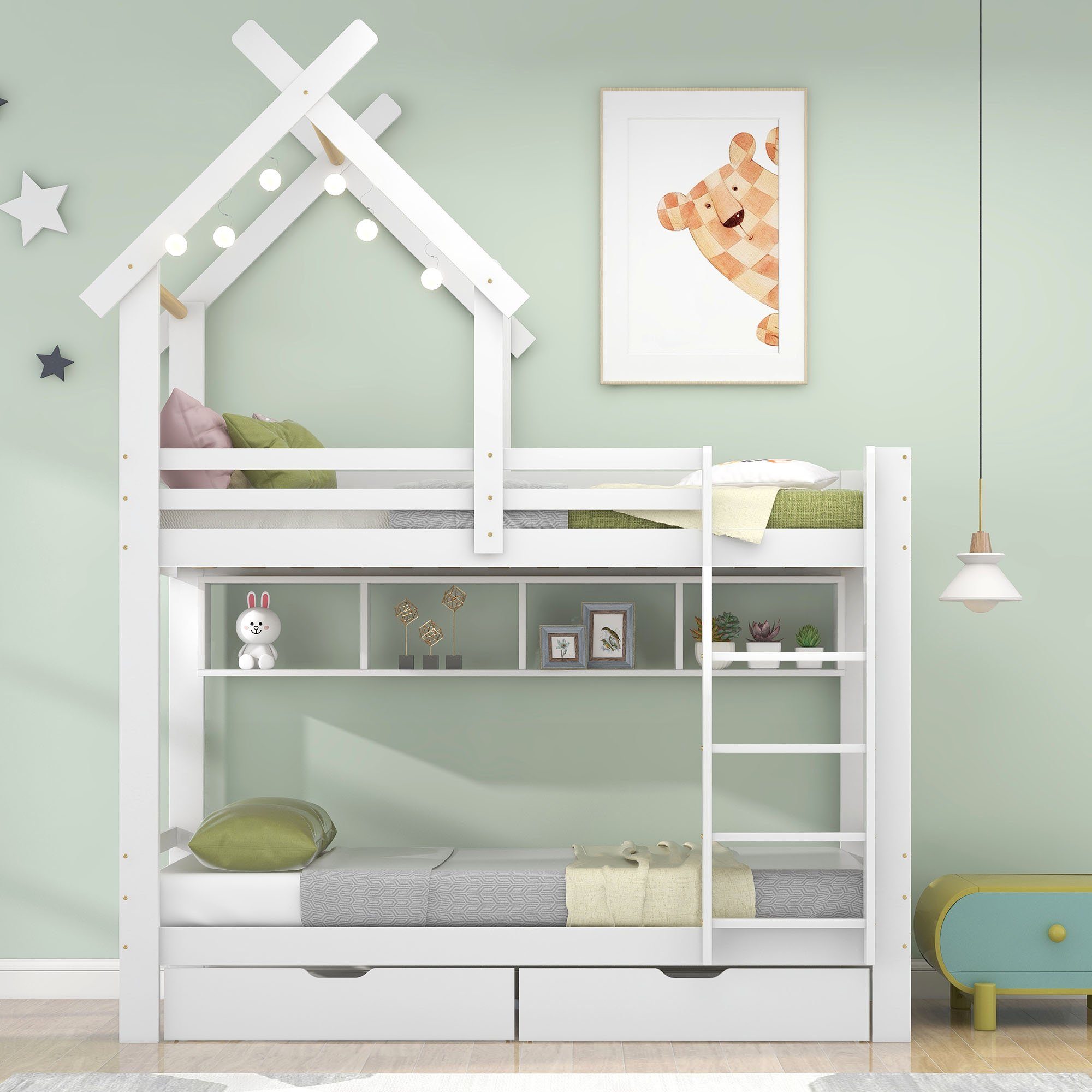 Ulife Etagenbett Hausbett Kinderbett mit Schubladen und Regalen