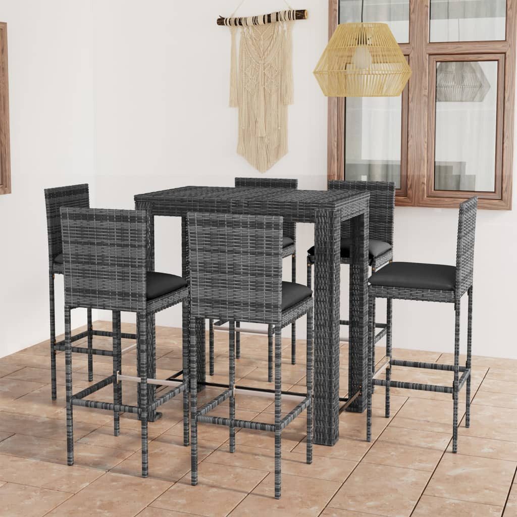 vidaXL Gartenlounge-Set 7-tlg. Gartenbar-Set mit Kissen Poly Rattan Grau, (6-tlg)