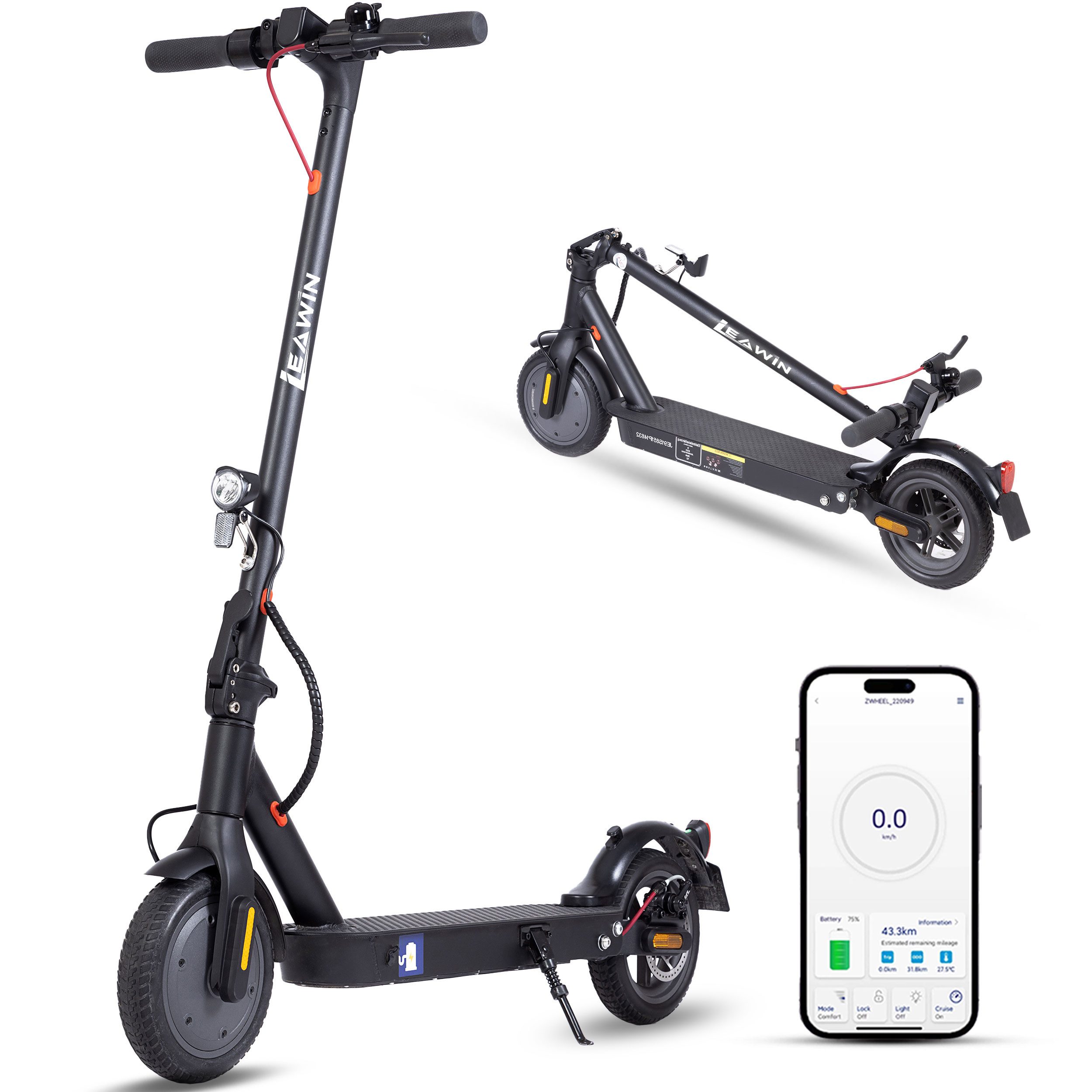 Leawin E-Scooter mit Straßenzulassung ABE, 8,5 Zoll Elektroroller, max. 40km, Federung, 350,00 W, (pannensicherer Vollgummireifen, mit APP & Bluetooth), E-roller, klappbar, duales Bremssystem, LED-Display, max. 120kg