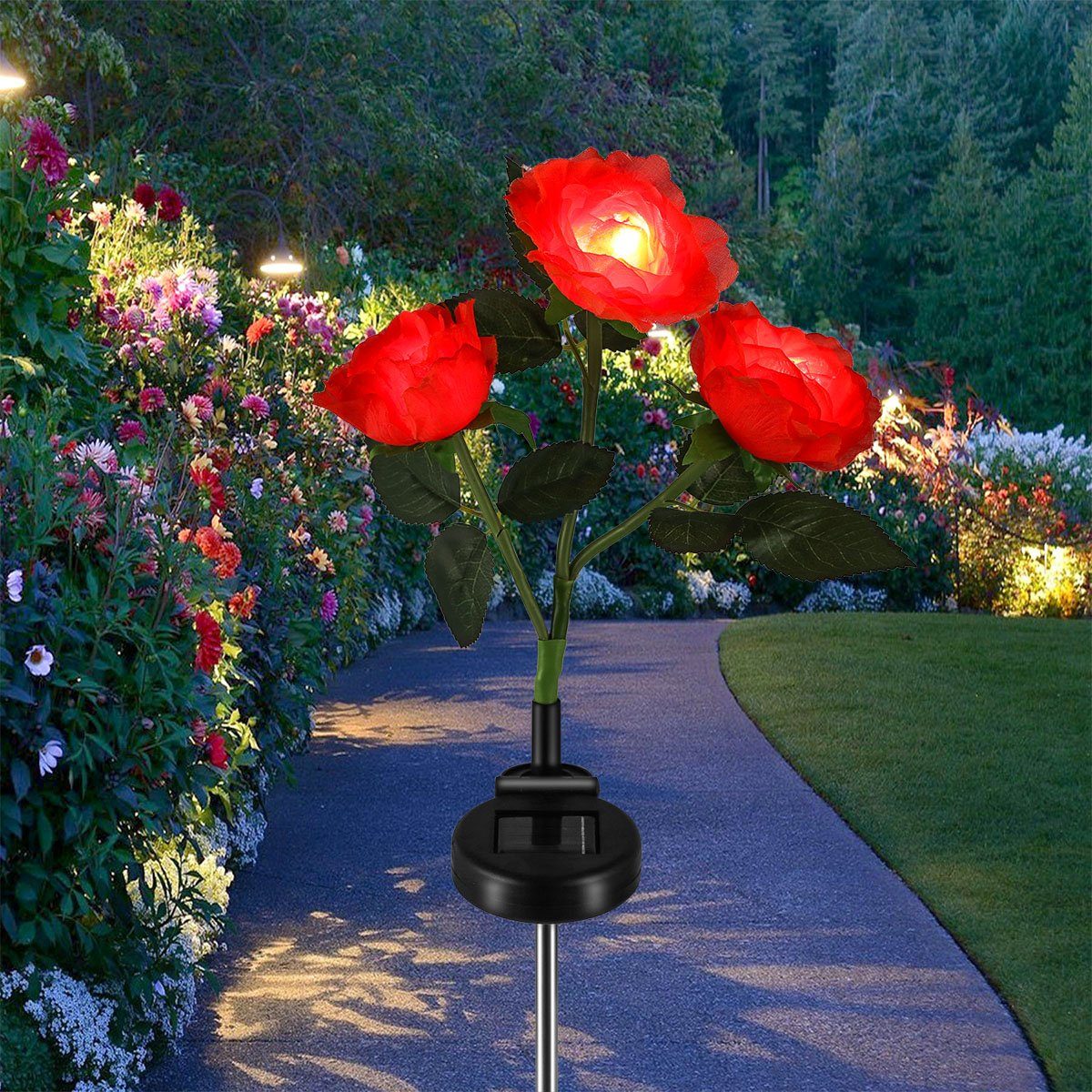 oyajia LED Solarleuchte Solarlampen für 3 Garten, Breiterem Licht Blume Solarpanel Rose LED Solar Deko, IP65 Tageslichtweiß, integriert, Rot LED fest Außen Wasserdichte Größerer