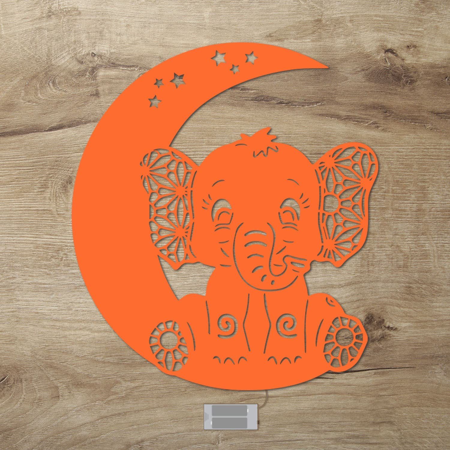 Namofactur LED Nachtlicht Elefant auf Mond - Schlaflicht mit Elefanten Motiv für Kleinkinder, Ohne Zugschalter, LED fest integriert, Warmweiß, Wanddekoobjekt Kinderzimmer Leuchte batteriebetrieben Orange