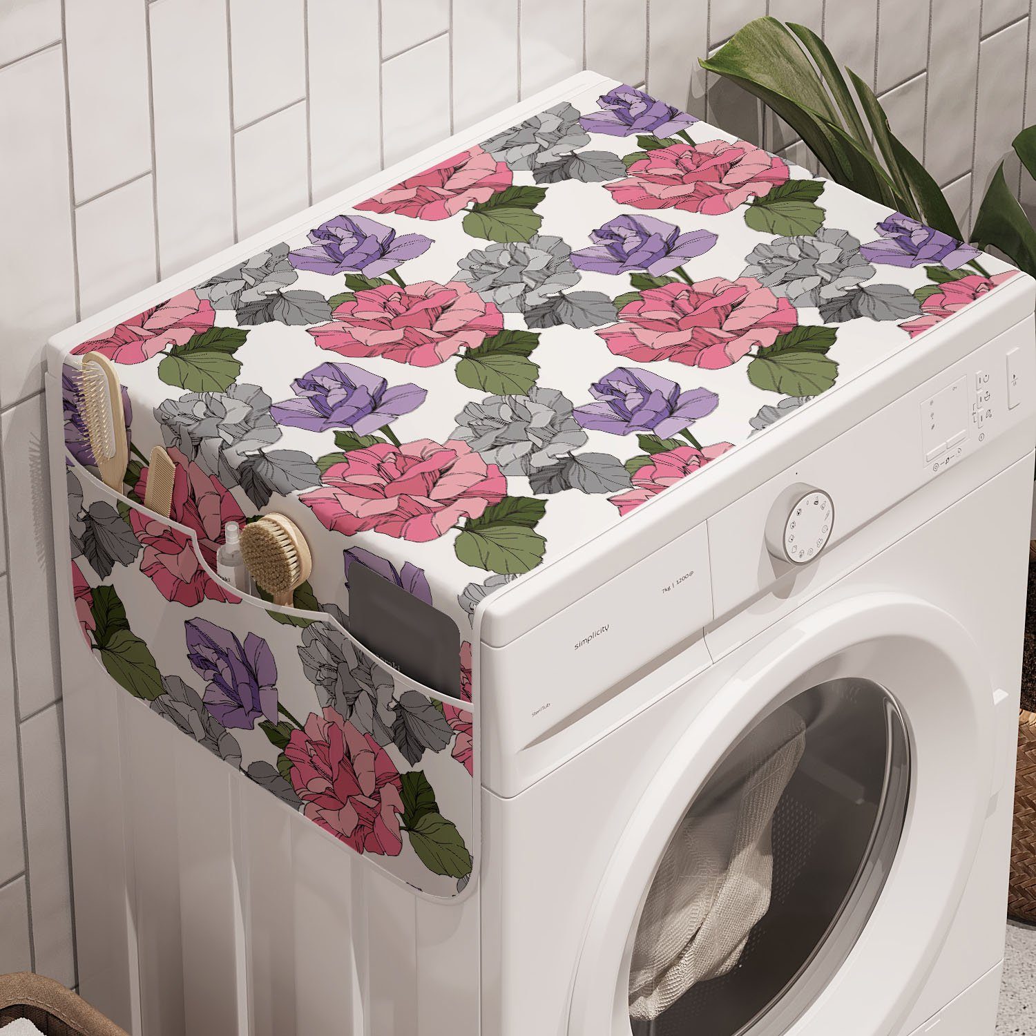 Abakuhaus Badorganizer Anti-Rutsch-Stoffabdeckung für Waschmaschine und Trockner, Blumen Rosen in rosa und lila