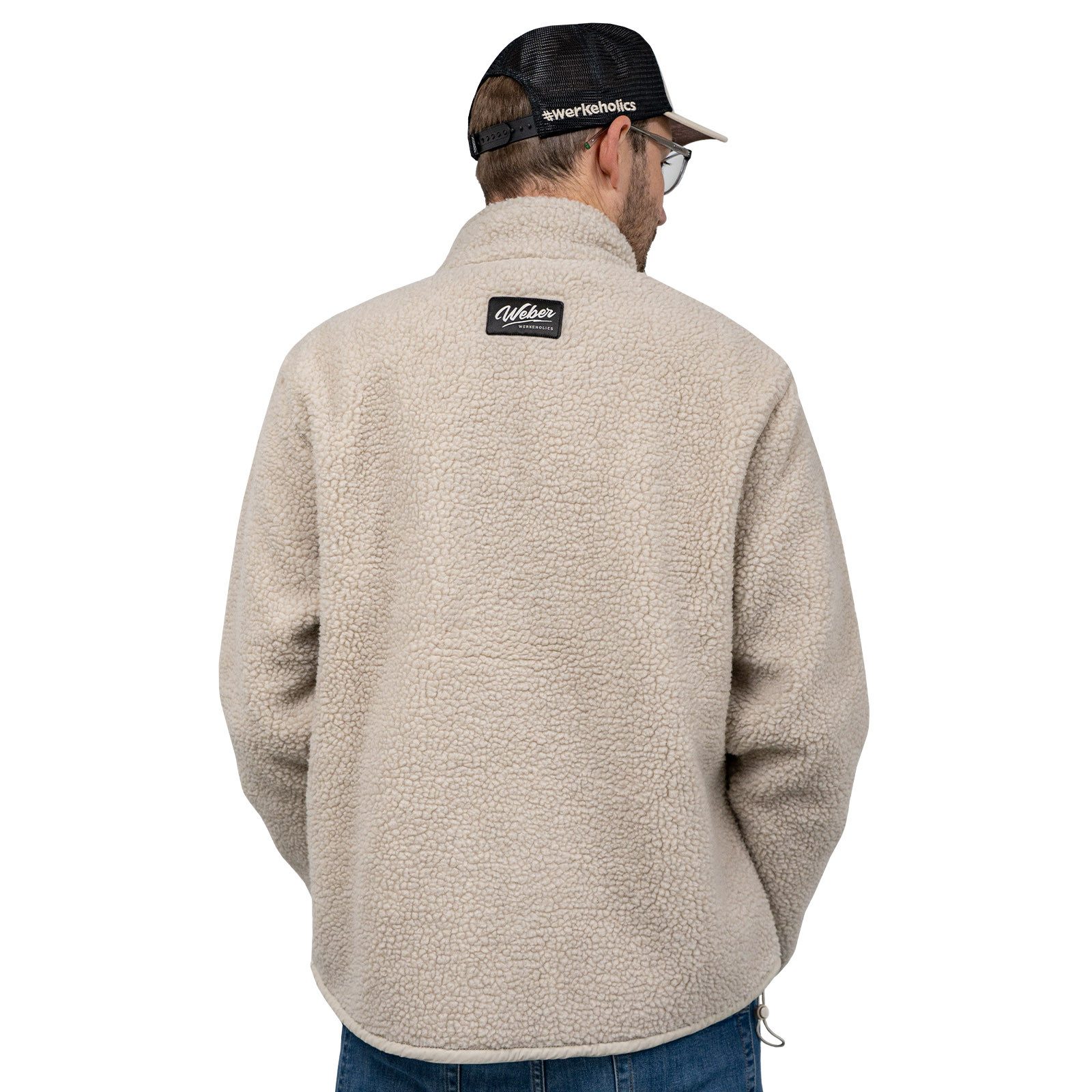 Weber GmbH Fleecejacke Sherpa Herren Damen Unisex beige #Werkeholics Outdoorjacke verstellbarer Bund, Teddy Fleece, mit Innentasche