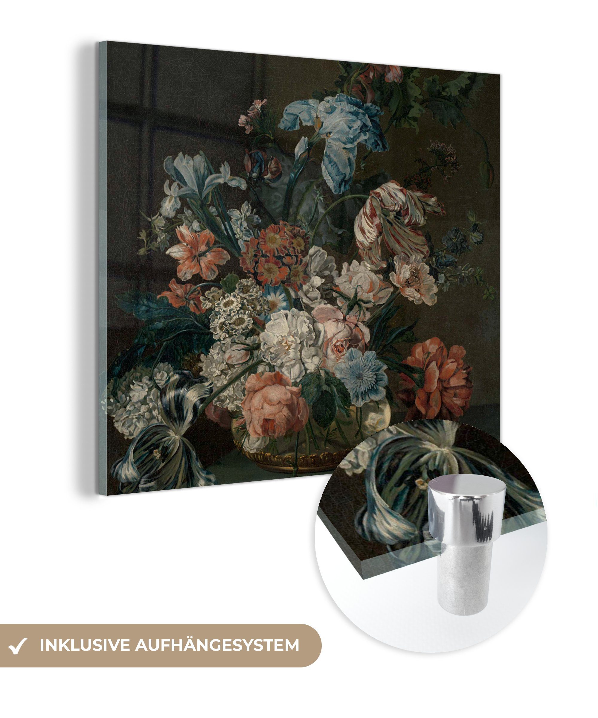 MuchoWow Acrylglasbild Stilleben mit Blumen - Gemälde von Cornelia van der Mijn, (1 St), Glasbilder - Bilder auf Glas Wandbild - Foto auf Glas - Wanddekoration