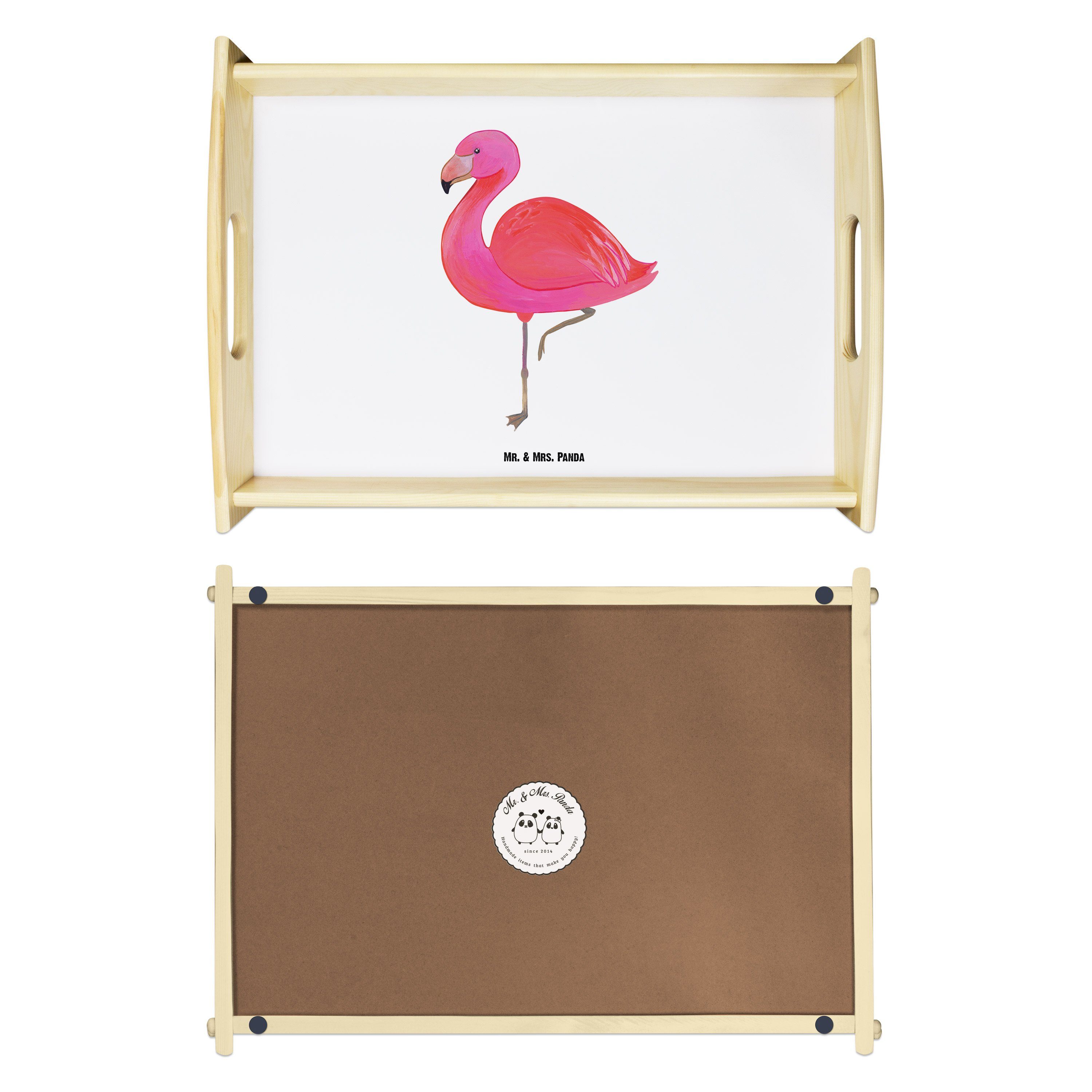 Mr. & Mrs. Panda - Flamingo (1-tlg) lasiert, Tablett - Echtholz Küchentablett, einzigartig, ich, classic Weiß Geschenk