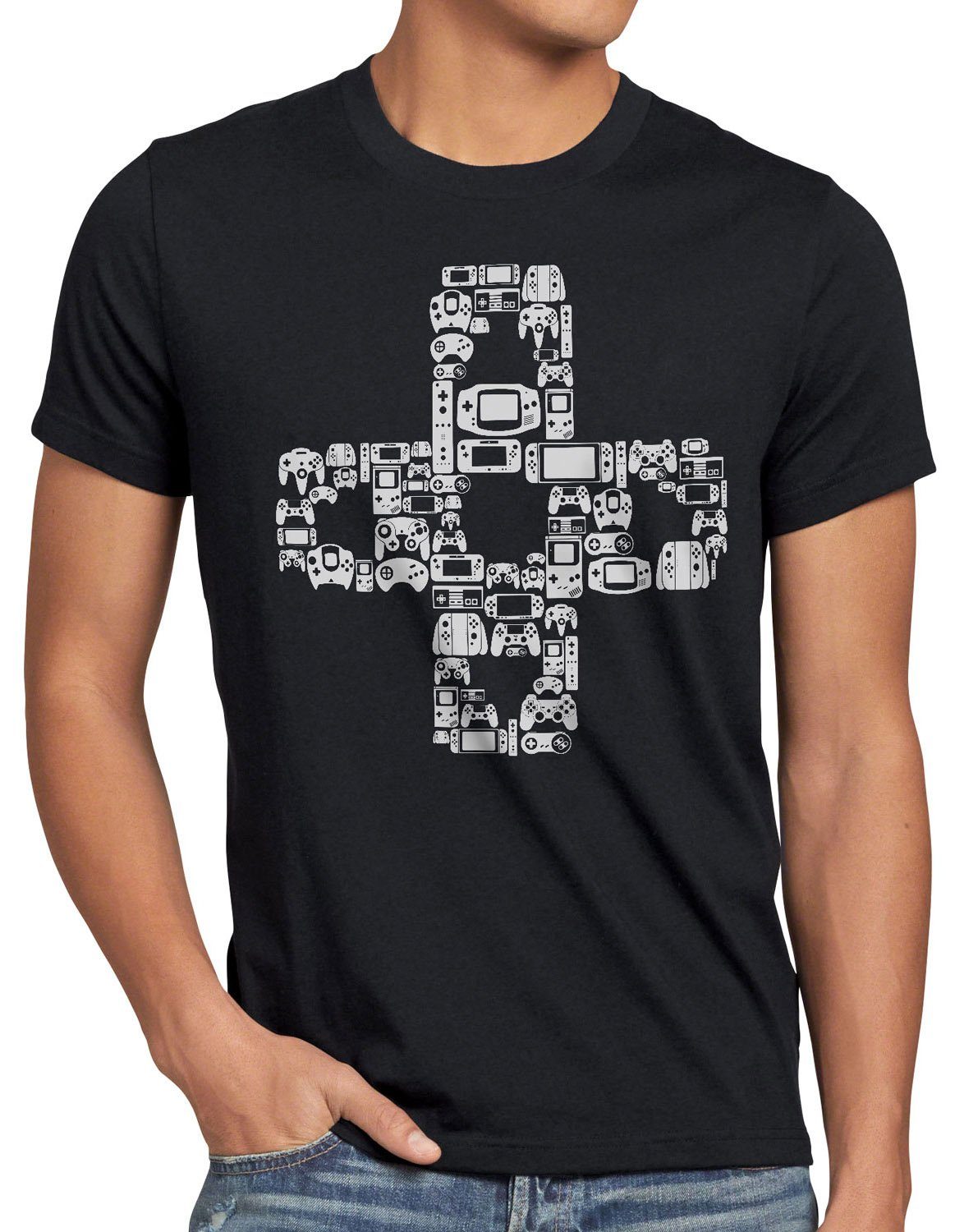 style3 Print-Shirt Herren T-Shirt Play Steuerkreuz Gamer Game Kontroller mario zelda Konsole Boy schwarz