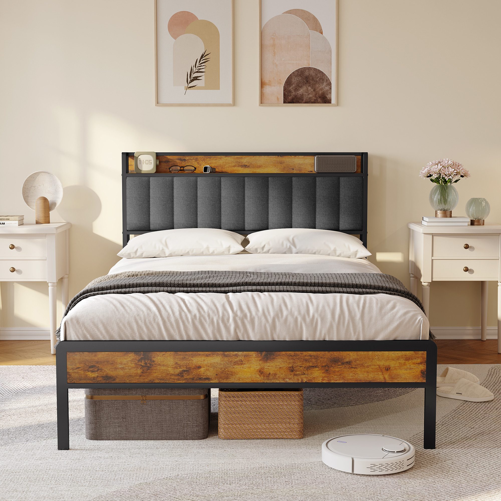 Bealife Polsterbett Einzelbett,Bettgestell mit Kopfteil,Holzbett mit Metall (90x200/120x200/140x200cm)