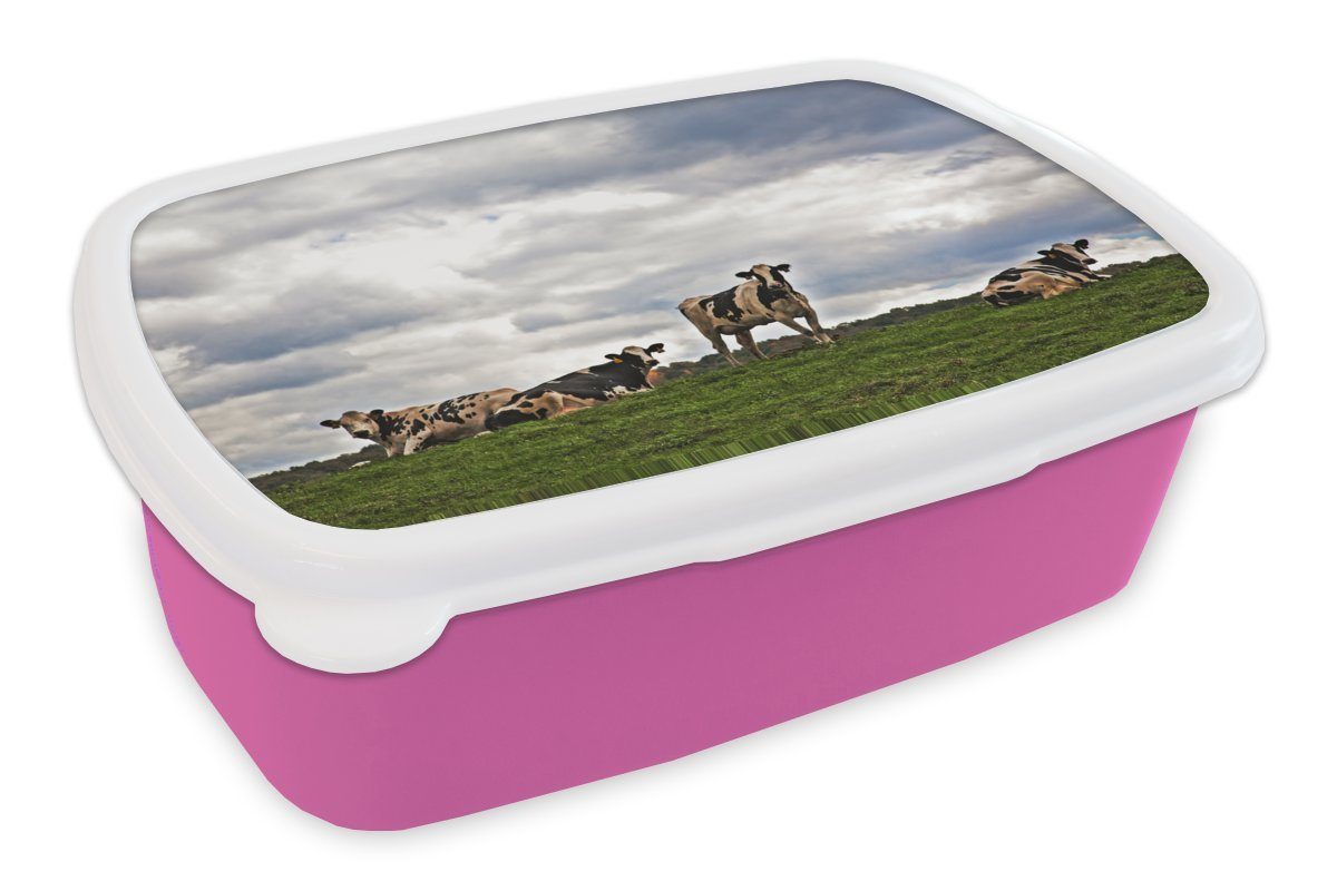 MuchoWow Lunchbox Kühe - Wiese - Wolken, Kunststoff, (2-tlg), Brotbox für Erwachsene, Brotdose Kinder, Snackbox, Mädchen, Kunststoff rosa