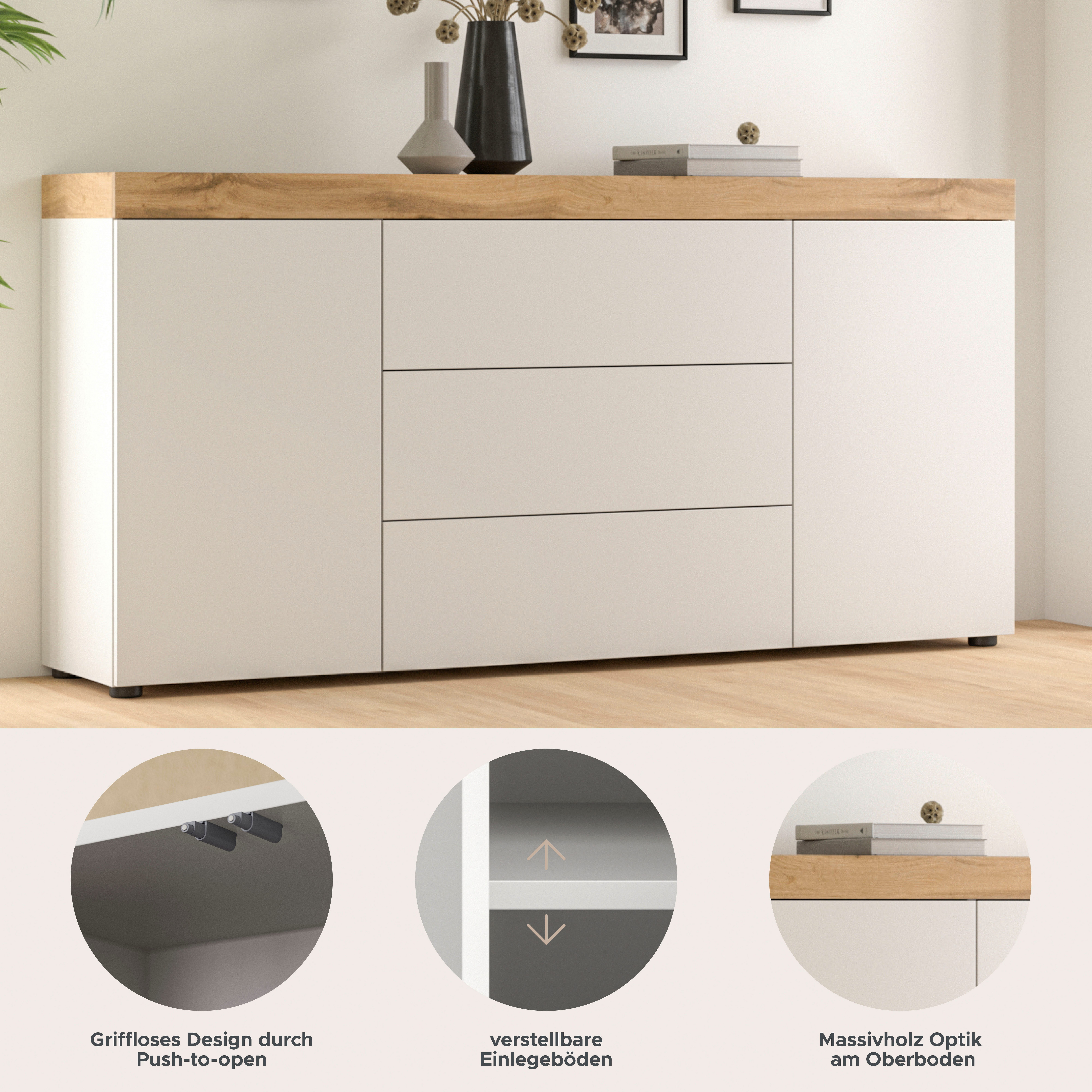 OTTO home Sideboard MAMBO, TOPSELLER!, Breite 160cm, 2 Türen, 3 Schubkästen, push-2-open (1 St., 2 farbige Ausführung, in verschiedenen Farben erhältlich), Kommode, Anrichte, Wohnzimmer, Schlafzimmer