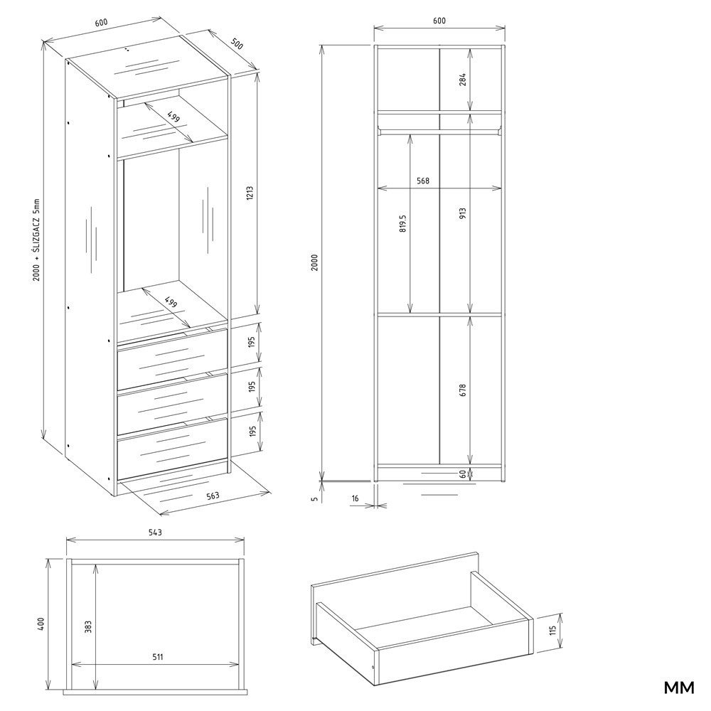Raumhirsch Furniture Kleiderschrank Kleiderschrank, Garderobensystem, Schranksystem, Garderobe (Maße 60 x 50 x 200 (H) cm, 1 Kleiderstange, 3 Schubladen) Modulschrank, 16 mm Plattenstärke
