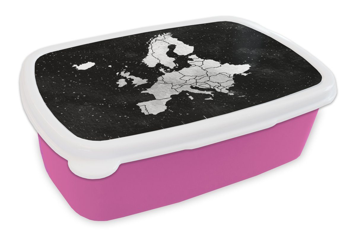 MuchoWow Lunchbox Europakarte auf Sternenhintergrund in Aquarell - schwarz-weiß, Kunststoff, (2-tlg), Brotbox für Erwachsene, Brotdose Kinder, Snackbox, Mädchen, Kunststoff rosa