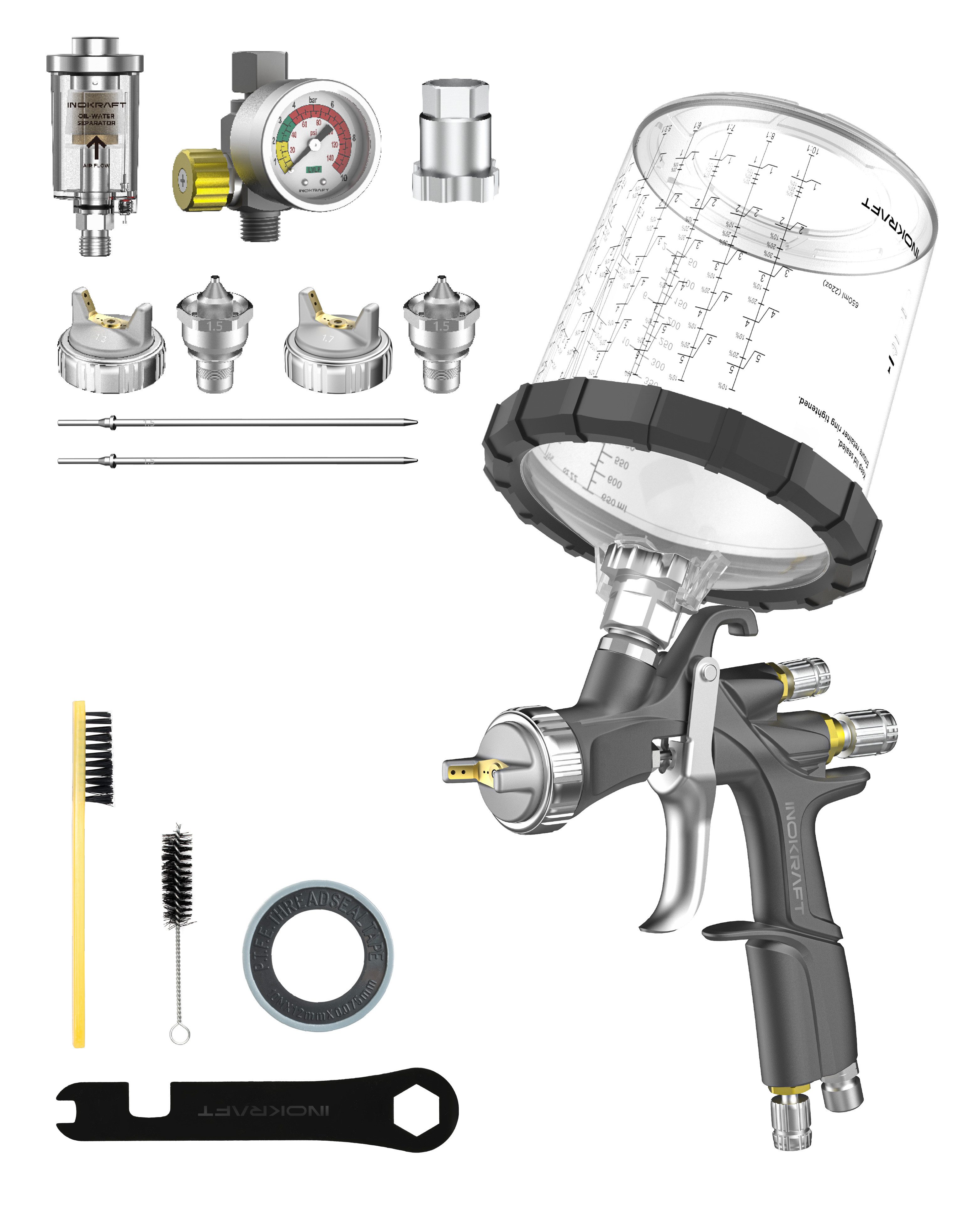 InoKraft Lackierpistole LVLP Farbspritzpistole Set 1.3/1.5/1.7mm mit Farbbechern für Auto&DIY, max. 3 bar, 288 l/min, Komplett-Set, Farbspritzpistole, Farbbecher, Düsen, Regler, Abscheider, Адаптери, geringen Luftverbrauch, gleichmäßige Zerstäubung, leicht zu reinigen