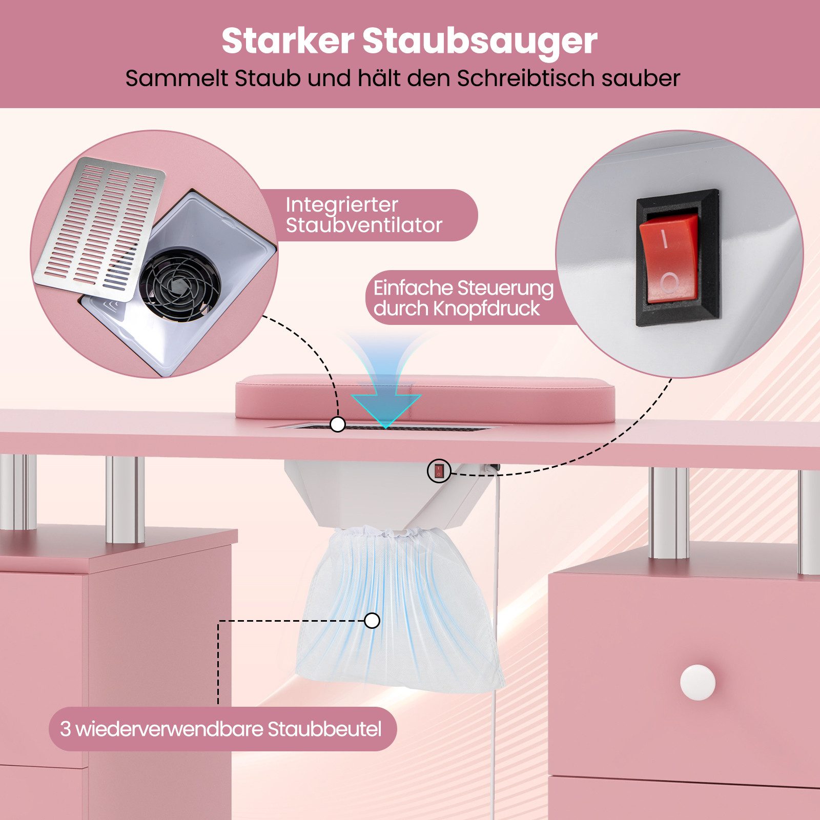 COSTWAY Maniküre-Pediküre-Set, Maniküretisch mit elektrischer Staubabsaugung Nageltisch – Bild 3 von 5