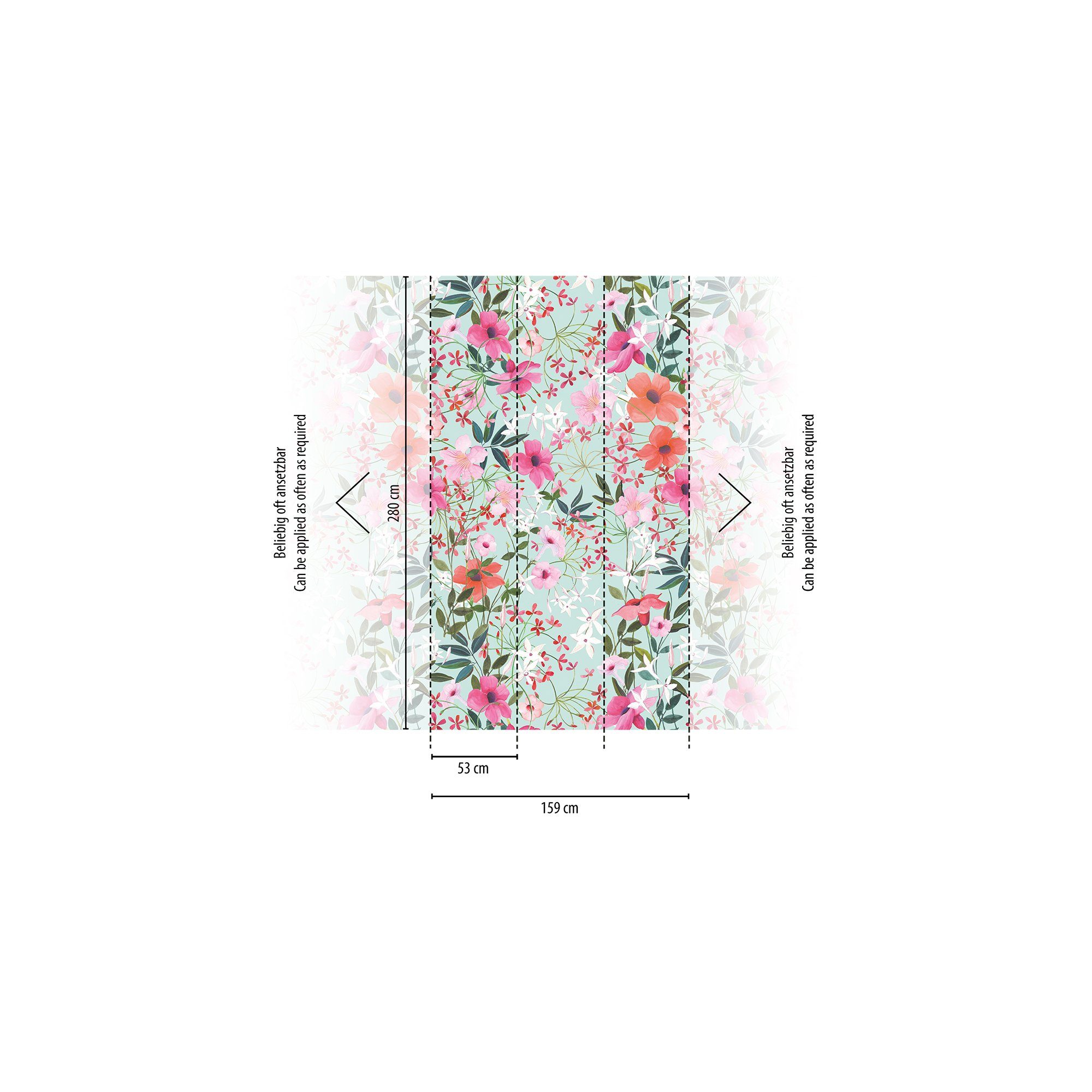 living walls Fototapete Fototapete Blumenranke, glatt, gemustert, matt, neutral, (1 St), Blumentapete Floral Tapeten Wohnzimmer Schlafzimmer Küche Türkis Optik