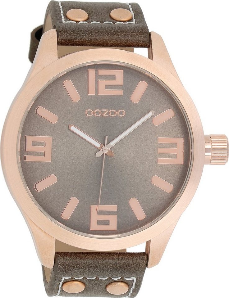 OOZOO Quarzuhr Oozoo Damen Armbanduhr Timepieces Analog, Damenuhr rund,  extra groß (ca. 51mm) Lederarmband, Fashion-Style, Hochwertiges Miyota  Quarzlaufwerk, Batterietyp 377 (SR626SW)