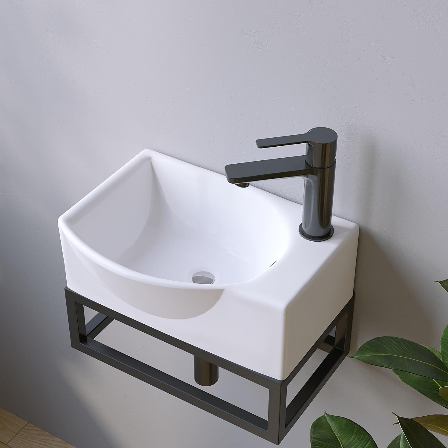 AQUALAVOS Waschbecken Keramik Hängewaschbecken Weiß Klein Eckig-Oval Hahnloch Überlauf, 40,5x28x12cm Platzsparend: Gäste-WC Kleinbäder Renovierung Objektbau