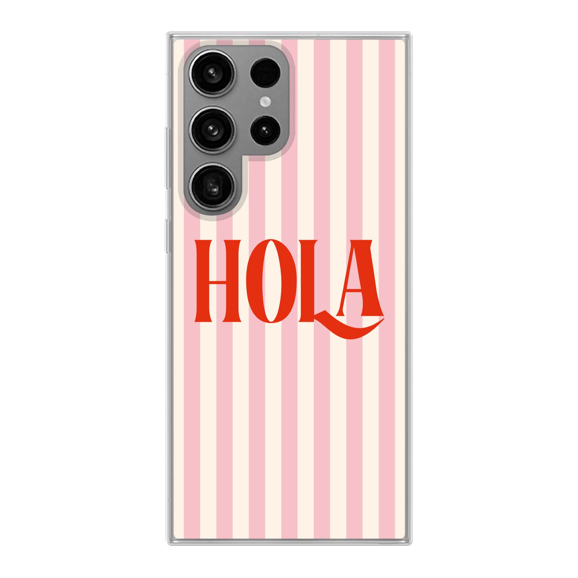 MuchoWow Handyhülle für Samsung Galaxy S23 Ultra Hola - Zitat - Streifen - Pastell - Rosa