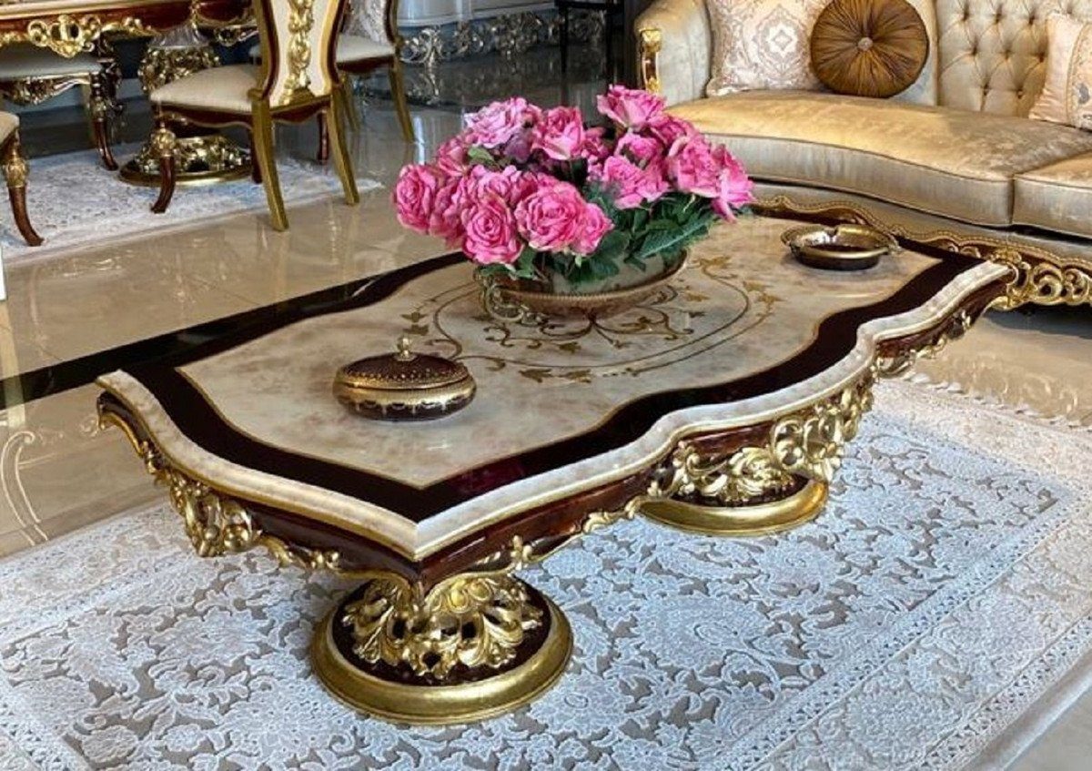 Casa Padrino Couchtisch Luxus Barock Couchtisch Weiß / Braun / Gold - Handgefertigter Massivholz Tisch im Barockstil - Barock Möbel - Edel & Prunkvoll | Couchtische
