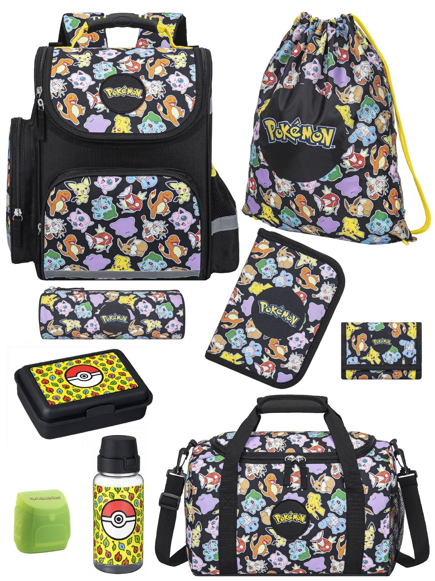 Familando Schulranzen Pokemon Pikachu Schultasche ab der 1. Klasse (Set, 9-tlg., inkl. Brotdose, Trinkflasche und Sporttasche), ergonomisch, 1.010 Gramm leicht, 18L Volumen