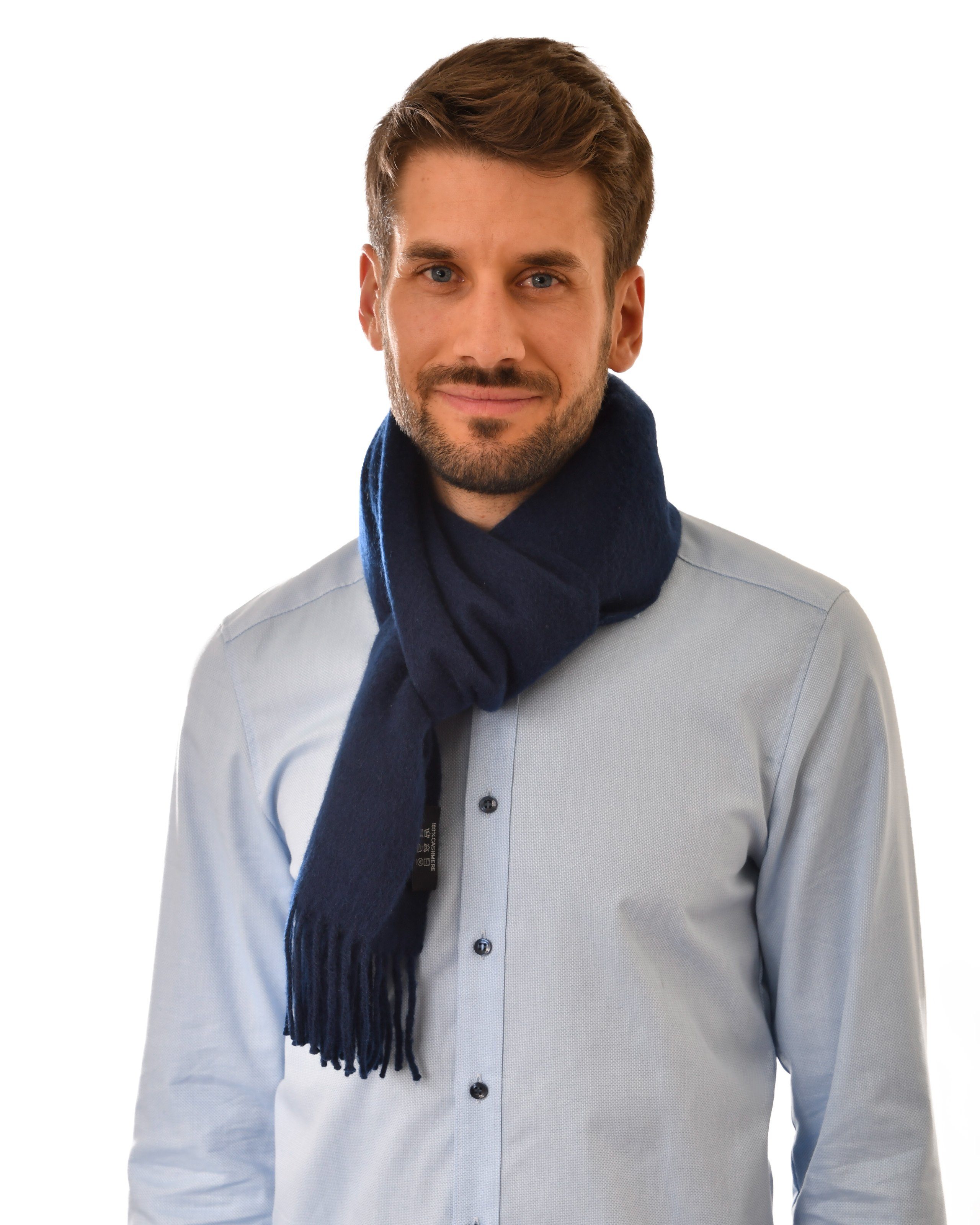 MayTree Kaschmirschal Unisex, 180 x 30cm, mit Fransen, einfarbig Marineblau, (Stück, 1-St), 100% Kaschmir