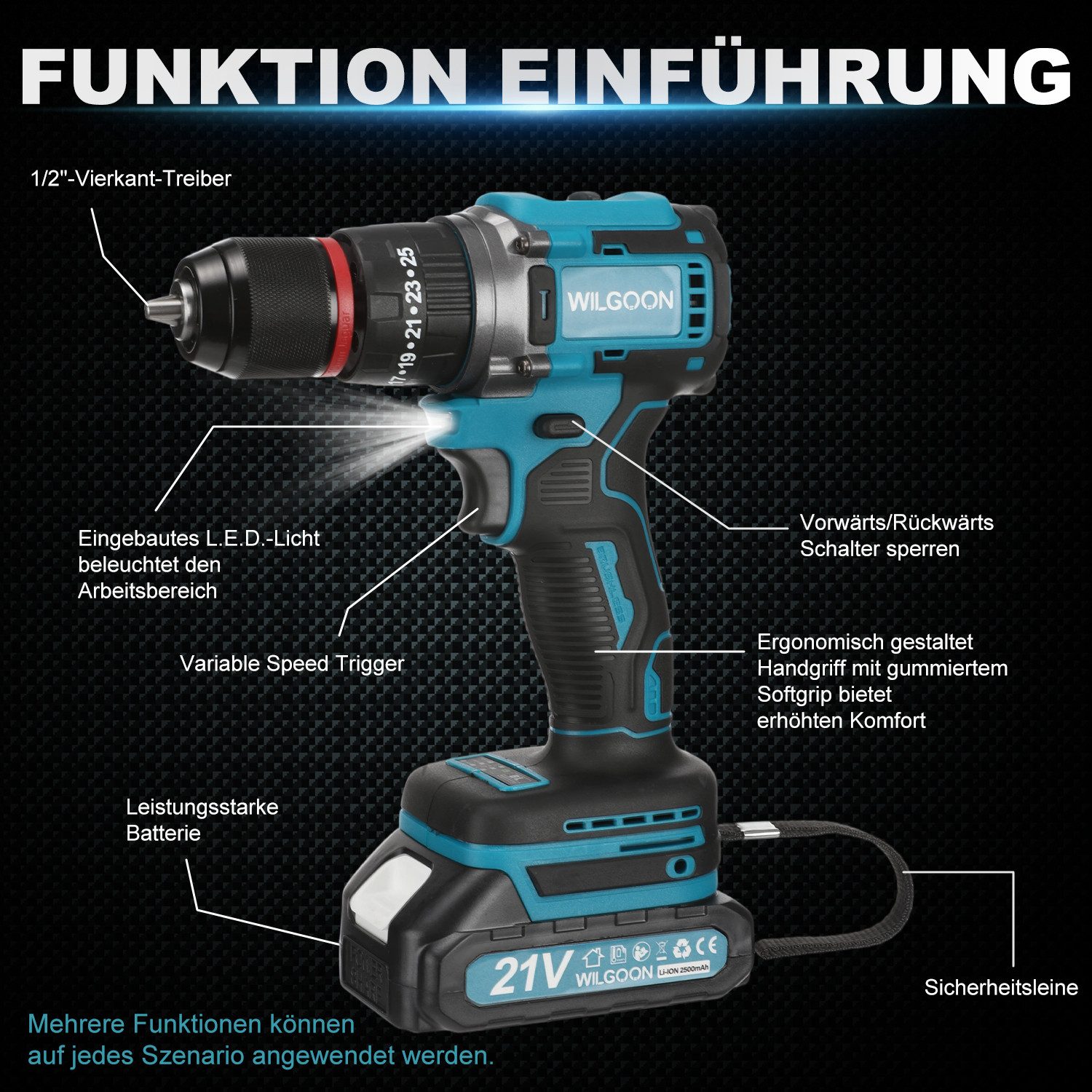 WILGOON Akku-Bohrschrauber Akku-Bohrschrauber, Schnellladen, Akkubohrer mit 120PCS Werkzeugkoffer, 220-240 V, max. 2000 U/min, (Set, max. 2000 U/min, 45 N.m Max, 2x 2000mAh Akkus, 35+3 Drehmomentstufen), Akku Werkzeug: Leicht & Stark Für Reparatur und DIY