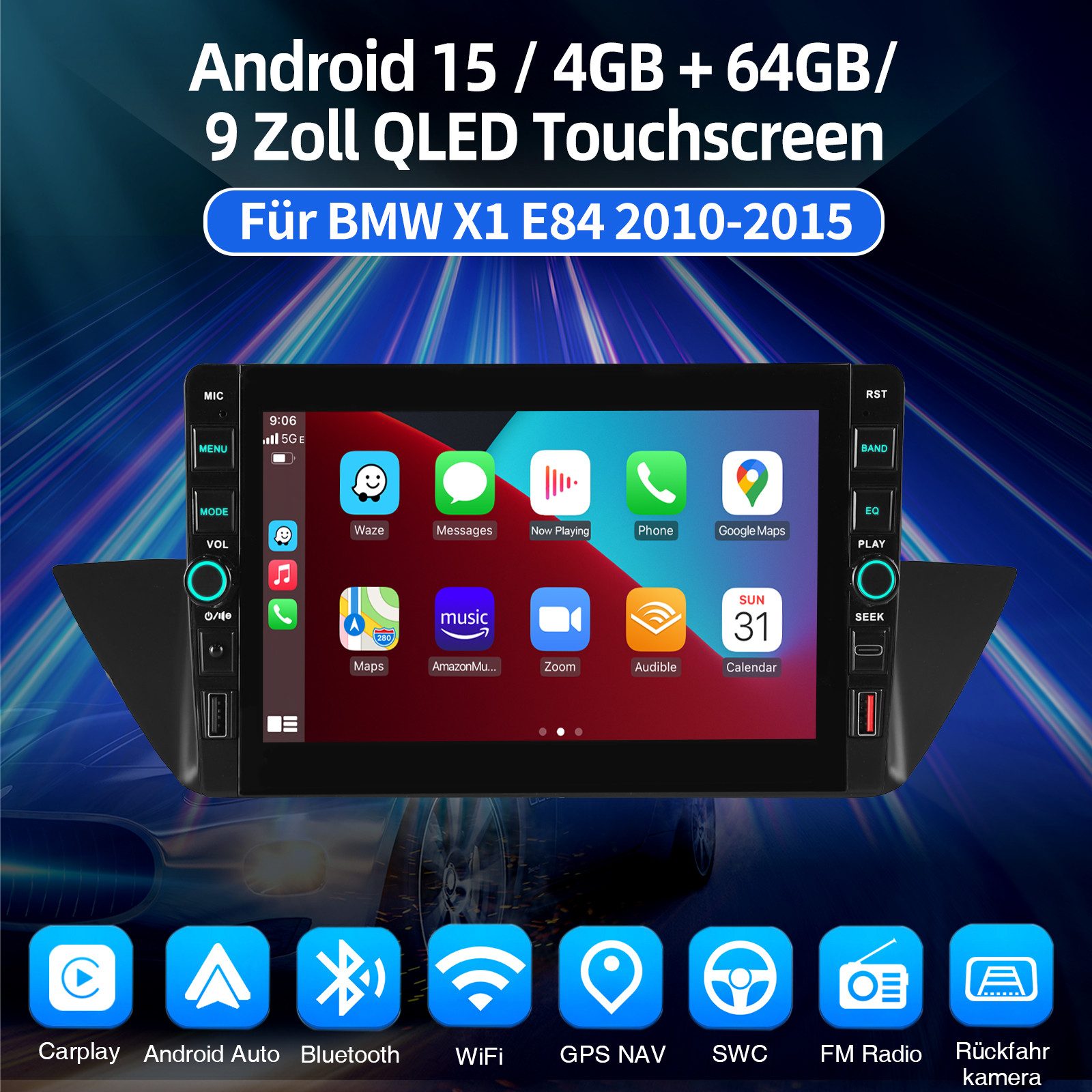 ESSGOO Für BMW X1 E84 2010-2016 Android15 Autoradio Carplay GPS Navi WIFI BT Autoradio (RDS, 4+64GB(optional), Digitalradio (DAB), FM, Carplay Android Auto Blue – Bild 2 von 5