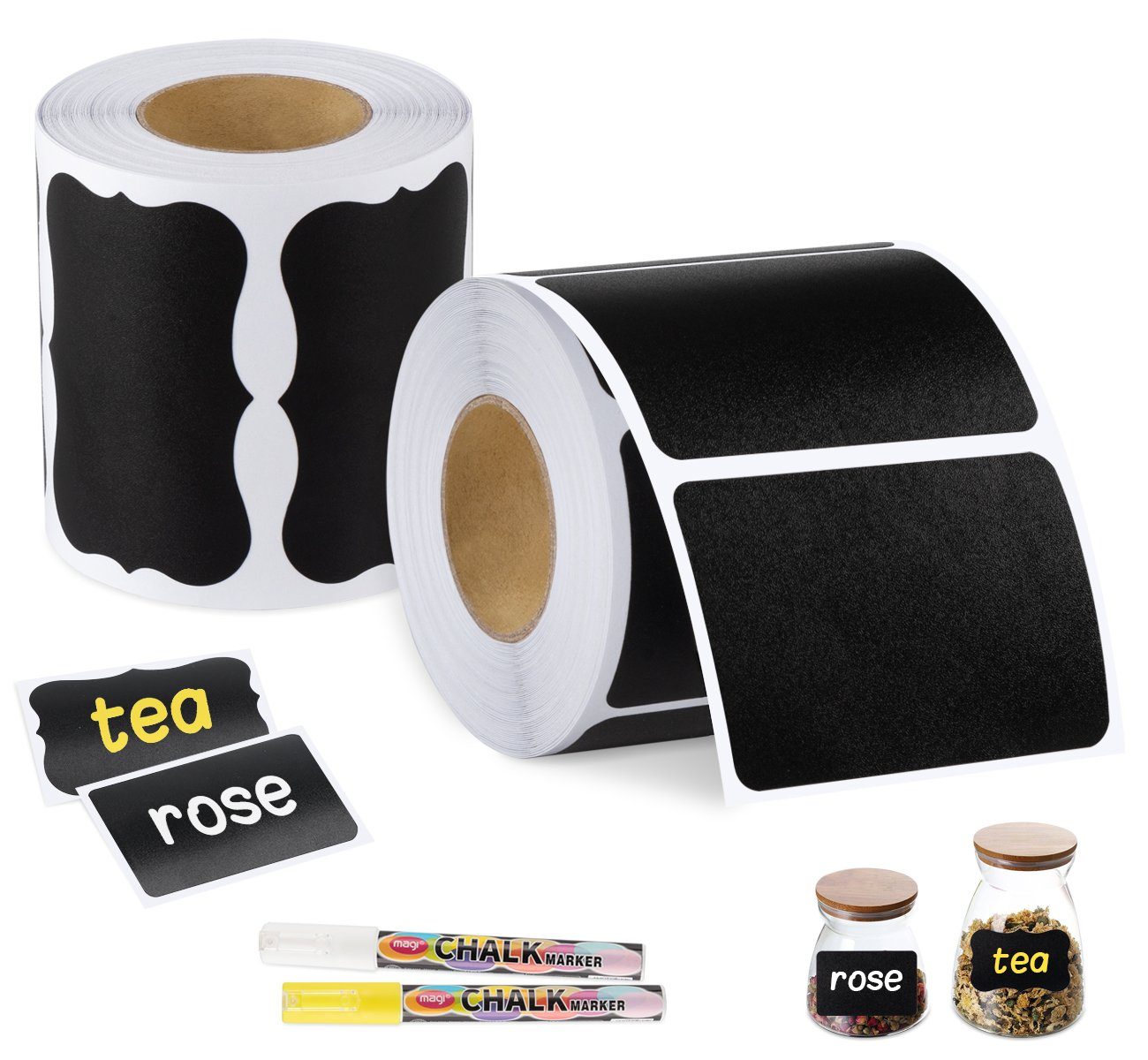 Homewit Sticker Tafel Aufkleber mit 2 Löschbar Kreidemarker Selbstklebend 6x4cm, (Set 300-tlg), Tafelsticker für Küche Gewürzgläser Marmeladen Flaschen Aktendeckeln