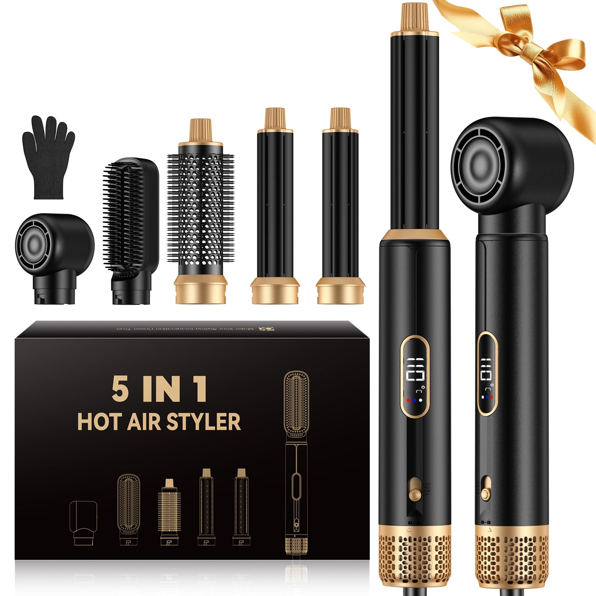 UKLISS Multihaarstyler 5-in-1 HeiBluft-Styling-Set, Multifunktionaler Hairstyler, LCD-Display, Haartrockner, Glättbürste, Rundbürste & 32 mm Automatik-Lockenstäbe