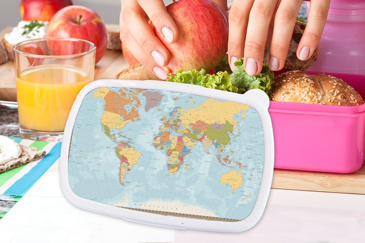MuchoWow Lunchbox Kunststoff, Atlas, Kinder, Brotdose Brotbox - Farben (2-tlg), - Mädchen, Weltkarte für Kunststoff Snackbox, rosa Erwachsene