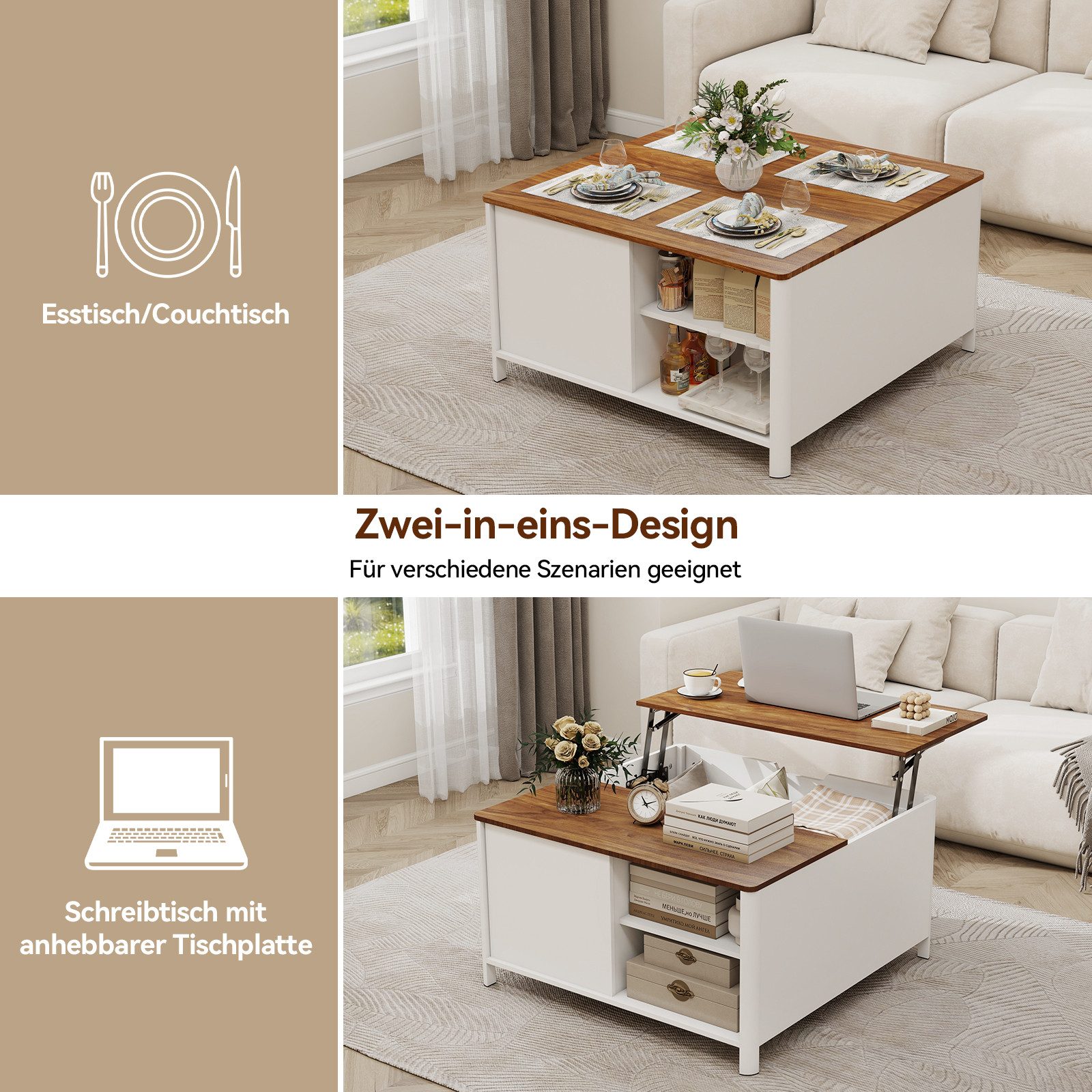 Puluomis Couchtisch Arbeitstisch mit Lift-Mechanismus, Esstisch 80cm – Bild 4 von 5