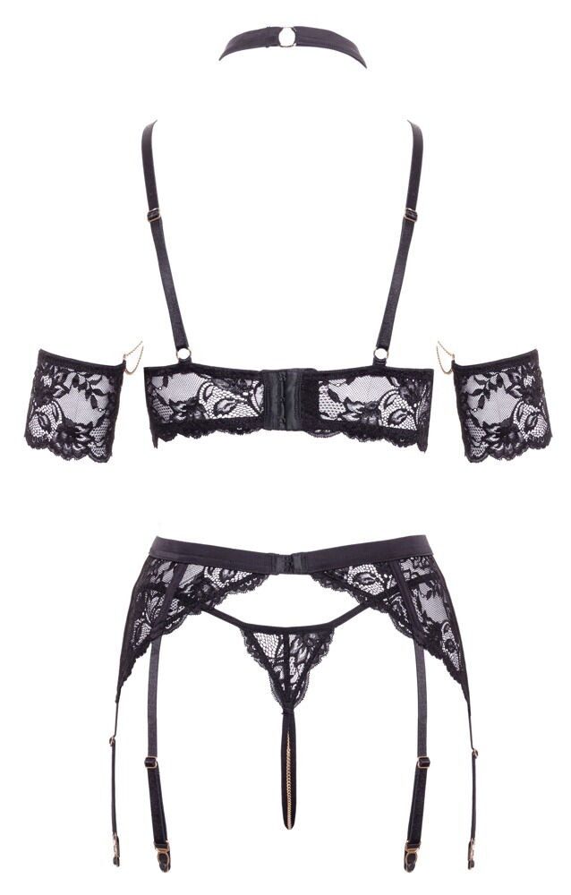 Abierta Fina Set: Bügelloser BH Dessous-Set: BH, String und Strapsgürtel mit Ketten - schwarz (3-tlg) Inklusive Samt-Halsschmuck & Spitzen-Armbänder