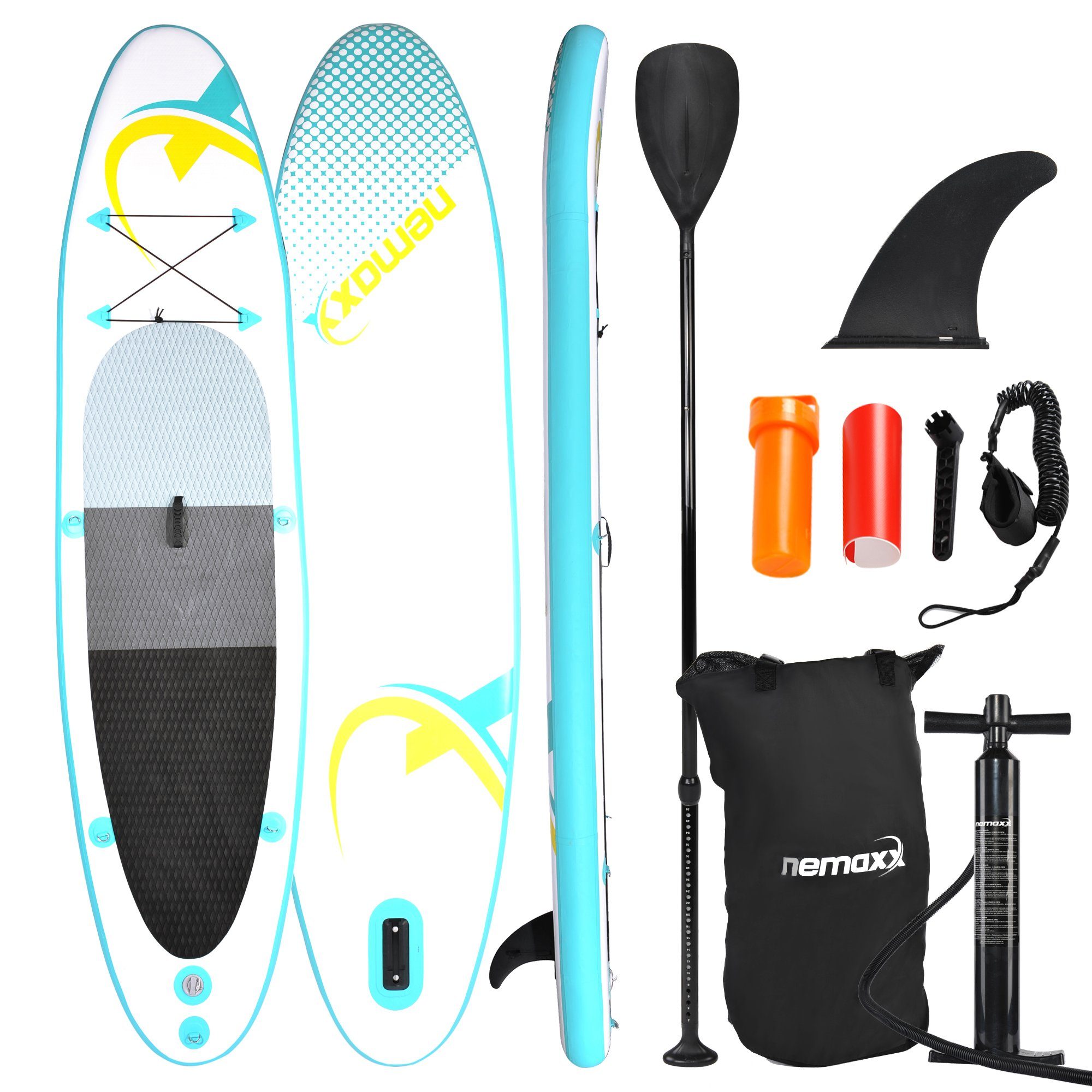NEMAXX Inflatable SUP-Board, Nemaxx PB320 Stand up Paddle Board 320x78x15cm, türkis/gelb - Surfbrett, Surf-Board - aufblasbar & leicht zu transportieren - inkl. Tasche, Paddel