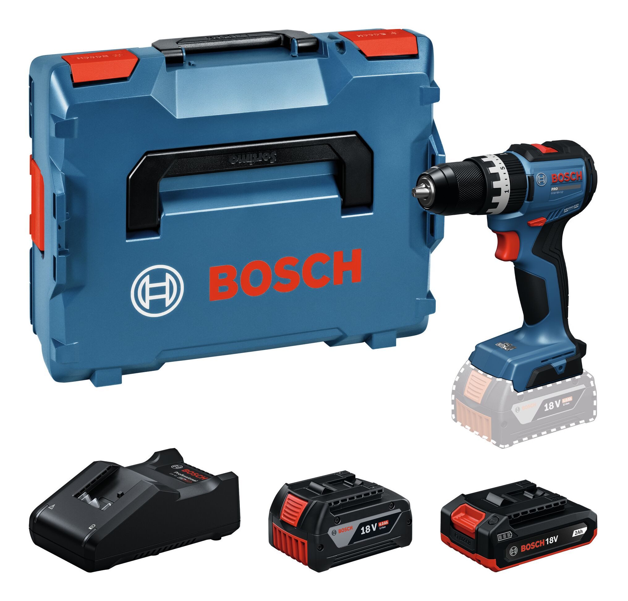 BOSCH Akku-Schlagbohrschrauber GSB 18V-52, 18 V, Mit 2x Akku 2 Ah/4 Ah - in L-BOXX 136