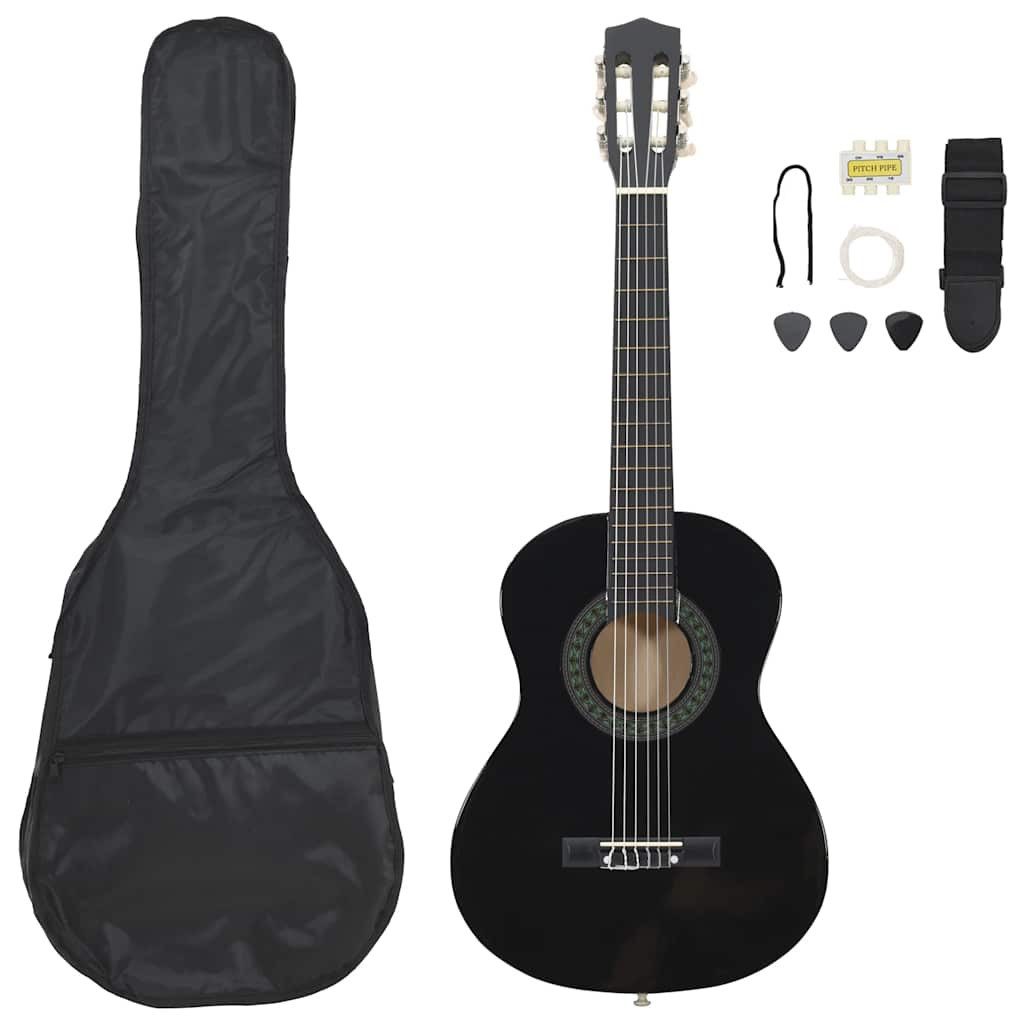 furnicato Akustikgitarre Klassische Kinder-Gitarre 52,5 cm Massivholz Schwarz mit Zubehör, Saiteninstrument mit Tasche, Gurt, Stimmpfeife und drei Zupf-Picks