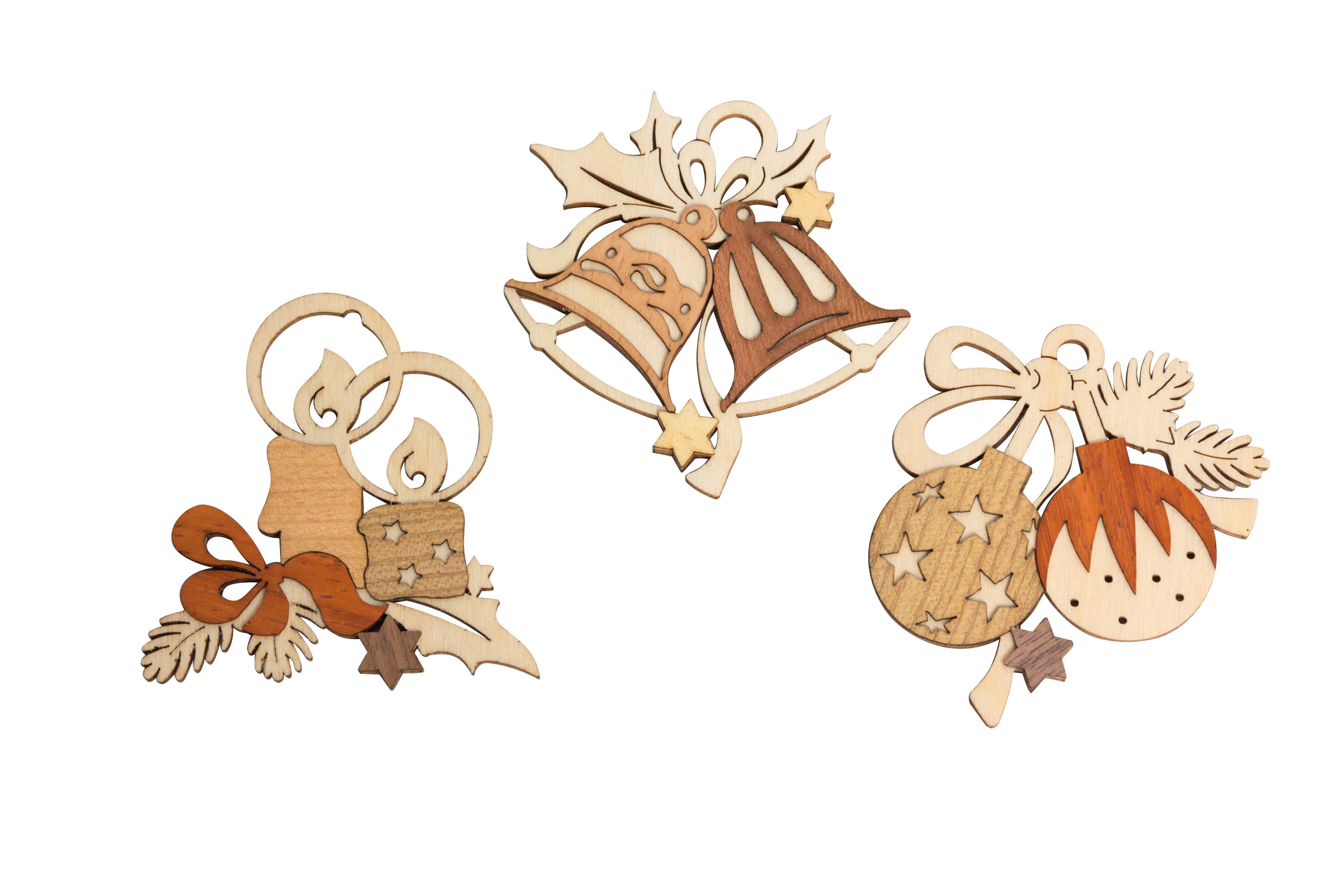 Kuhnert Dekoobjekt Baumschmuckanhänger 3er Set - Glocken, Kerzen, Kugeln, aus Holz gefertigt - weihnachtliche Dekoration - Made in Germany
