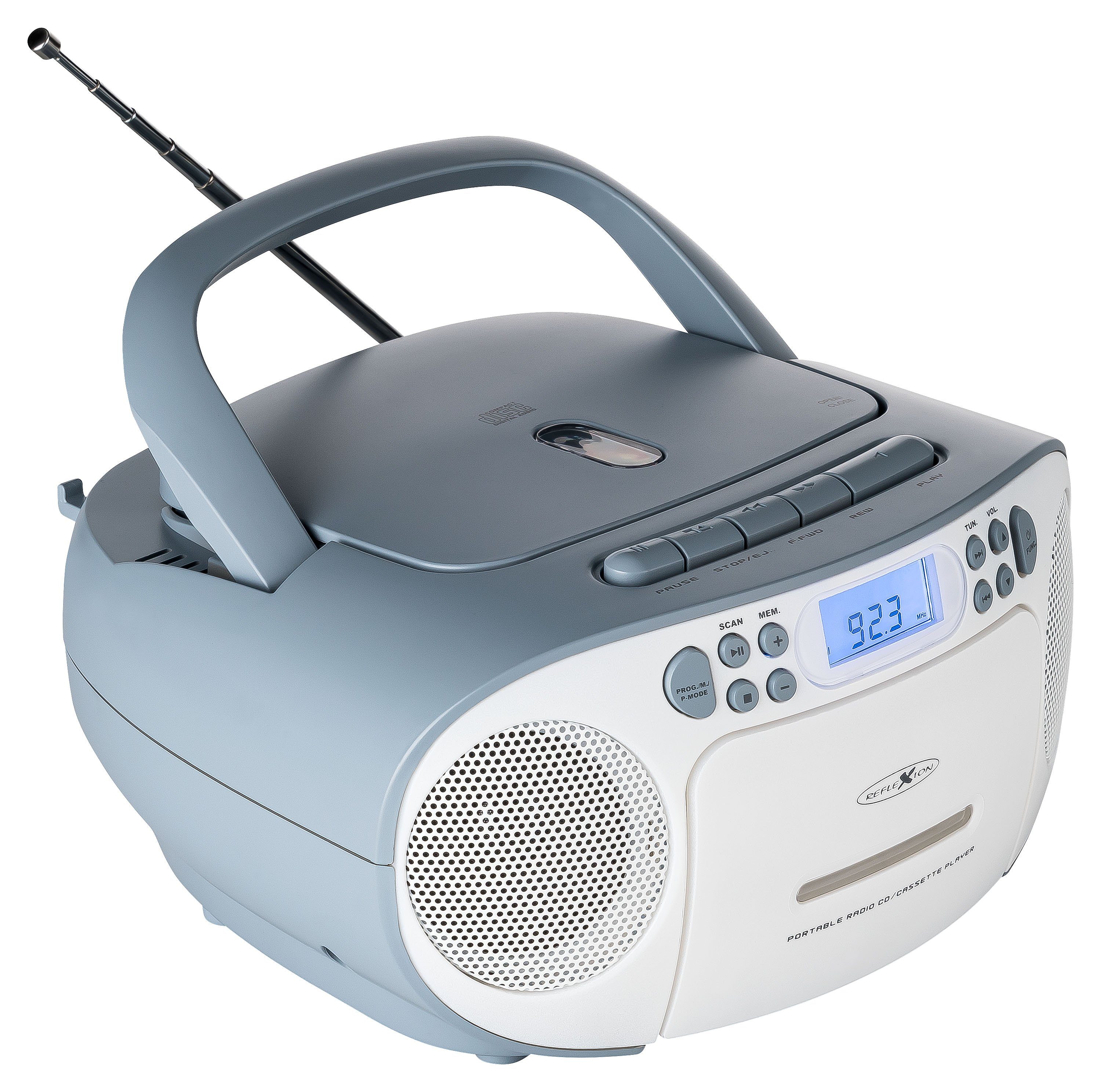 W, Boombox RCR2260 CD/Radio/Kassette, LCD-Display, weiß/blau Tragbare PLL (UKW Kopfhörer-Anschluss) Boombox AUX-Eingang, Radio, Stereo Reflexion 20