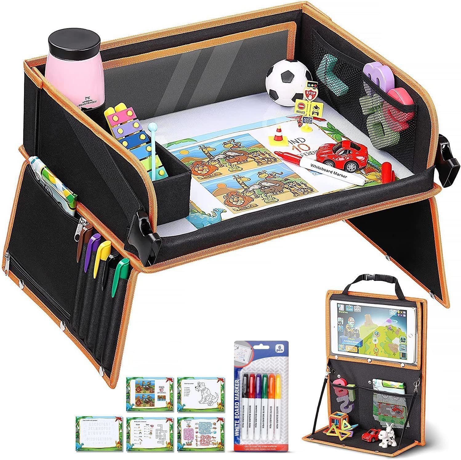 POPOLIC Spieltisch Doppelfunktion Kinder Reisetisch, Knietablett Reisetisch, (Auto Rückenlehnenschutz) mit Transparenter Zeichnungsfilm, 1-tlg), 5 Zeichnungsplatten und 6 Farbpens - Schwarzes