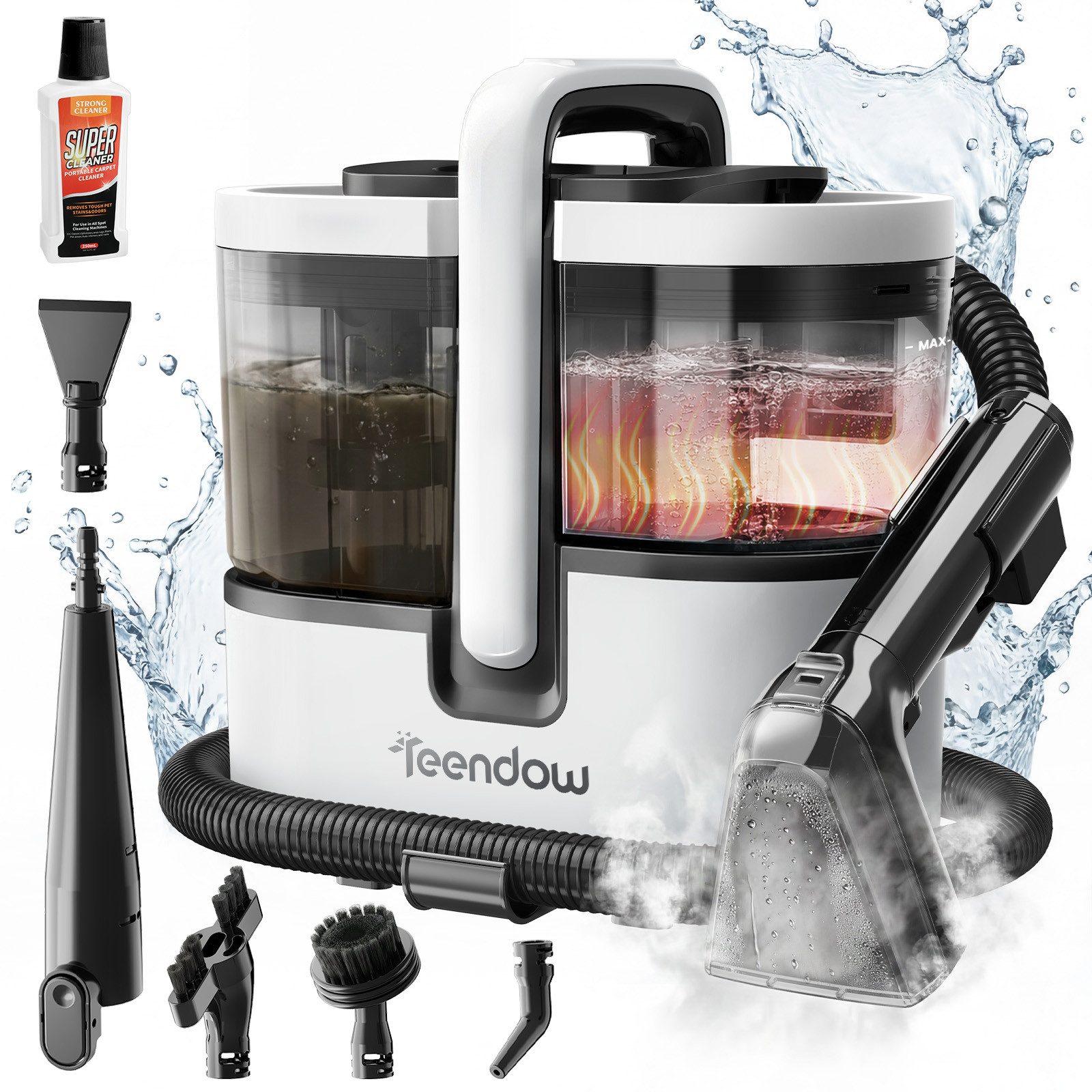 Teendow Wasch-Sauger C7MAX Waschsauger mit Dampf Nasssauger Polsterreiniger Teppichreiniger, 1800 W, Wassertank, Dampf >100°C, 30 Sek. Aufheizung, 18 kPa, 1,6L+1,5L Tanks